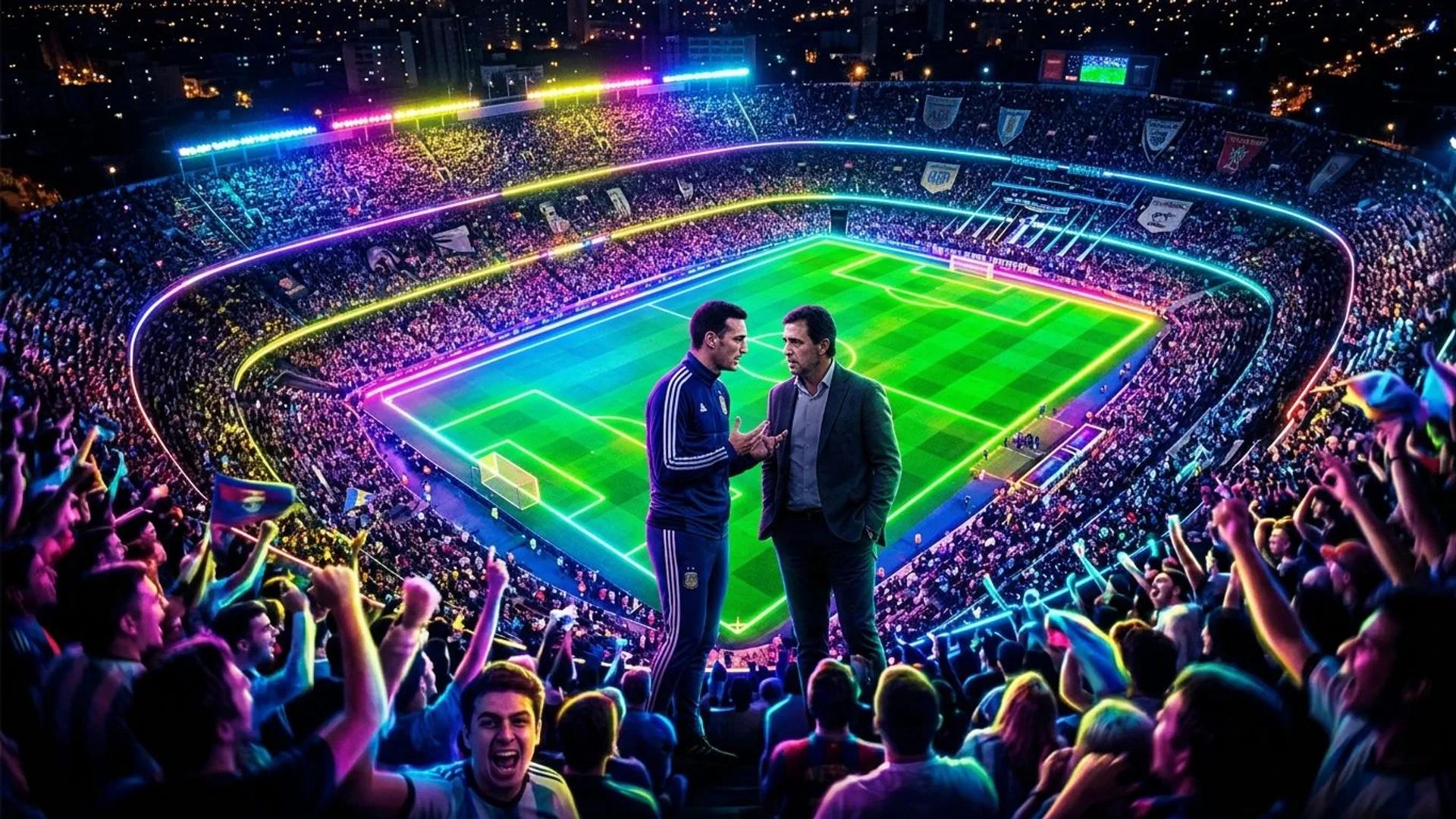 Aerial view of a vibrant soccer field with neon lights and fans.