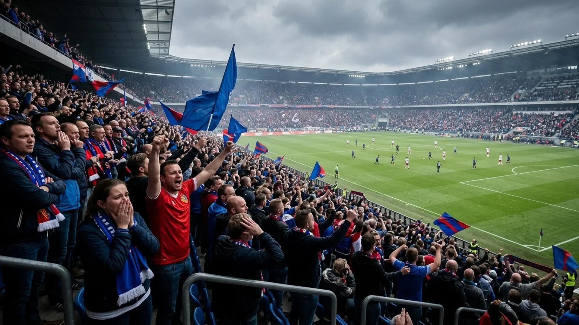 A wide view of a crowded stadium filled with fans during a tense sports match.