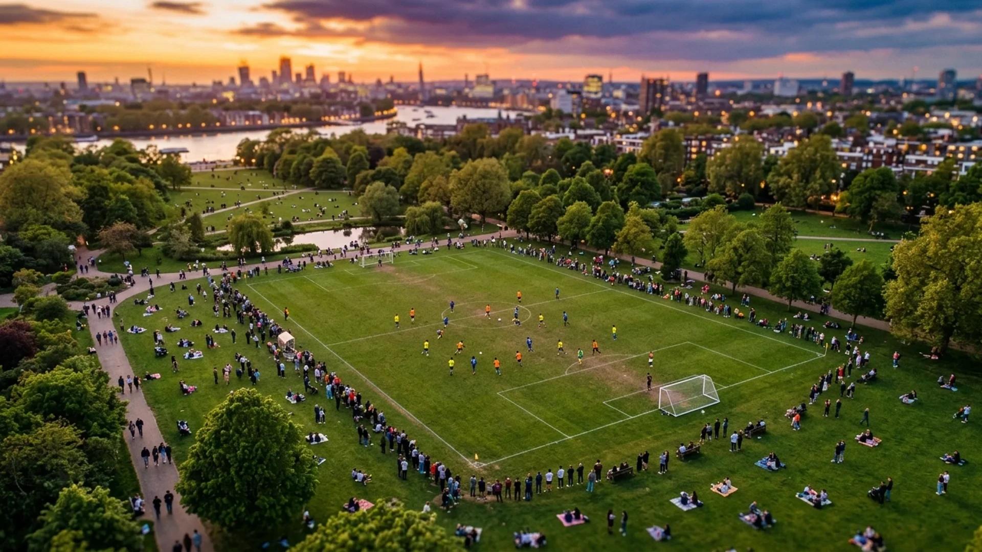 Aerial view of a soccer match in a park at sunset.