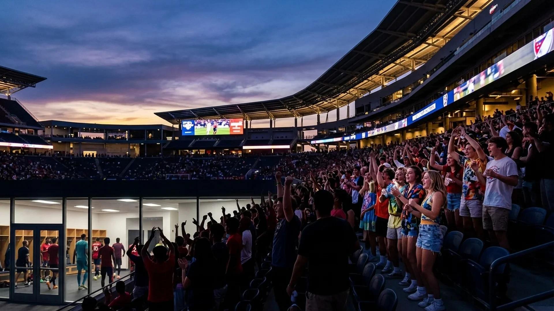 A panoramic view of a stadium in Dallas at dusk, filled with excited fans celebrating a football victory.