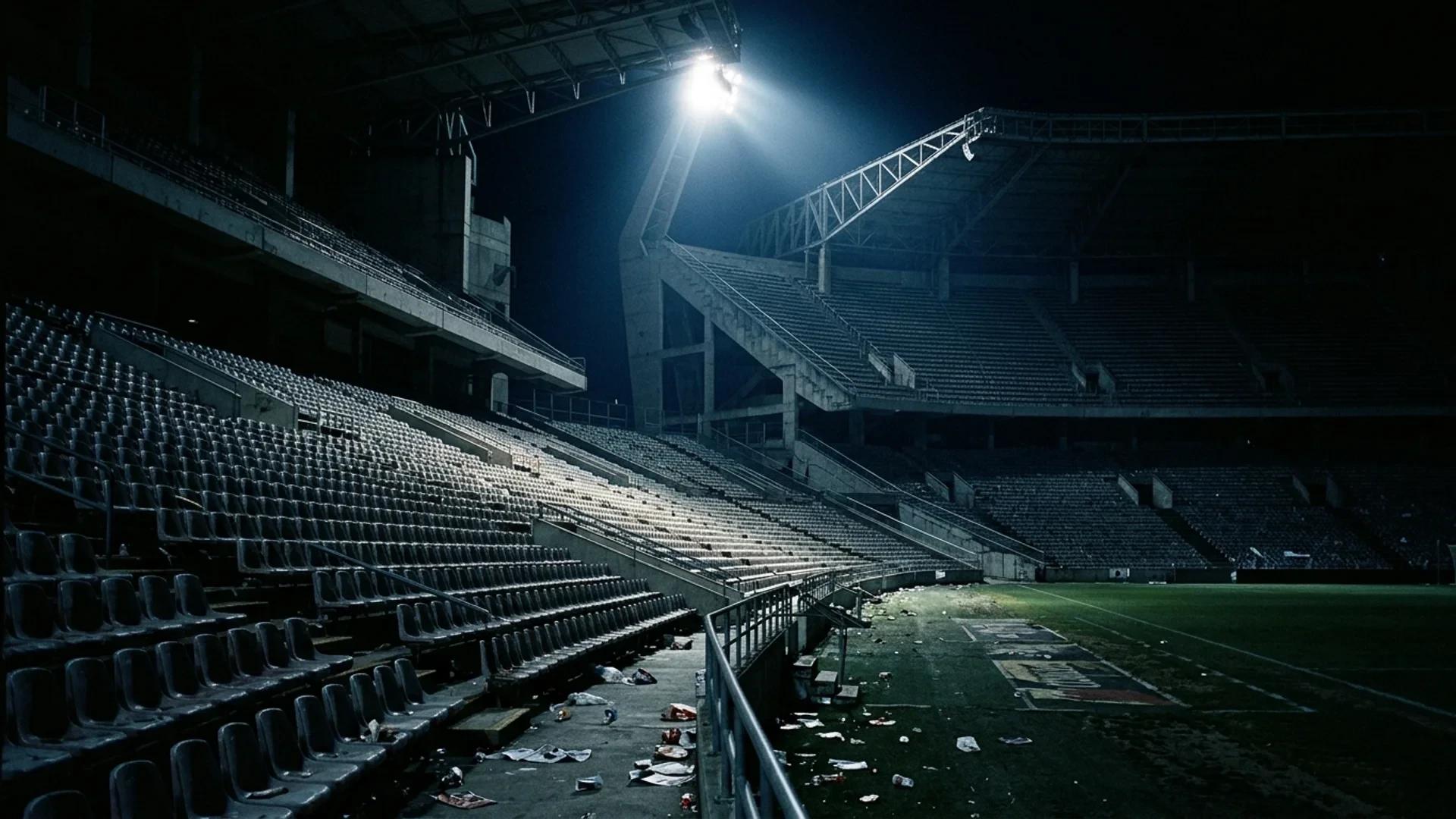 A low-angle view of an empty football stadium illuminated by a single spotlight, with shadows casting across the seats.