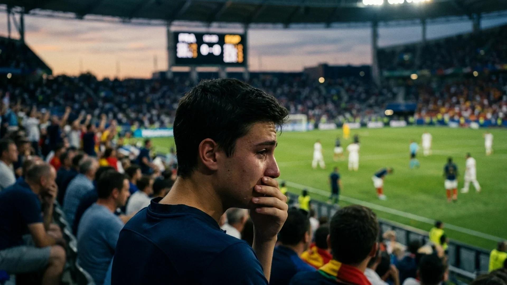 A young fan with tears on their face watches a soccer match in a stadium filled with blurred spectators.