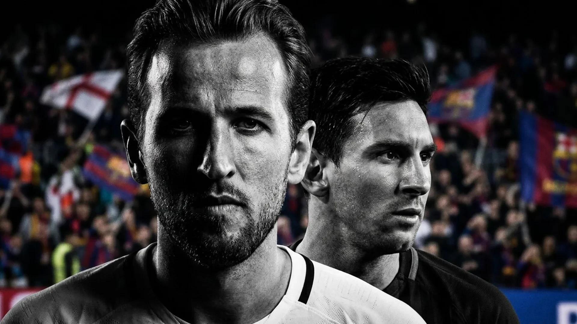 Close-up of two football players, Harry Kane and Lionel Messi, showing intense expressions in dramatic lighting.