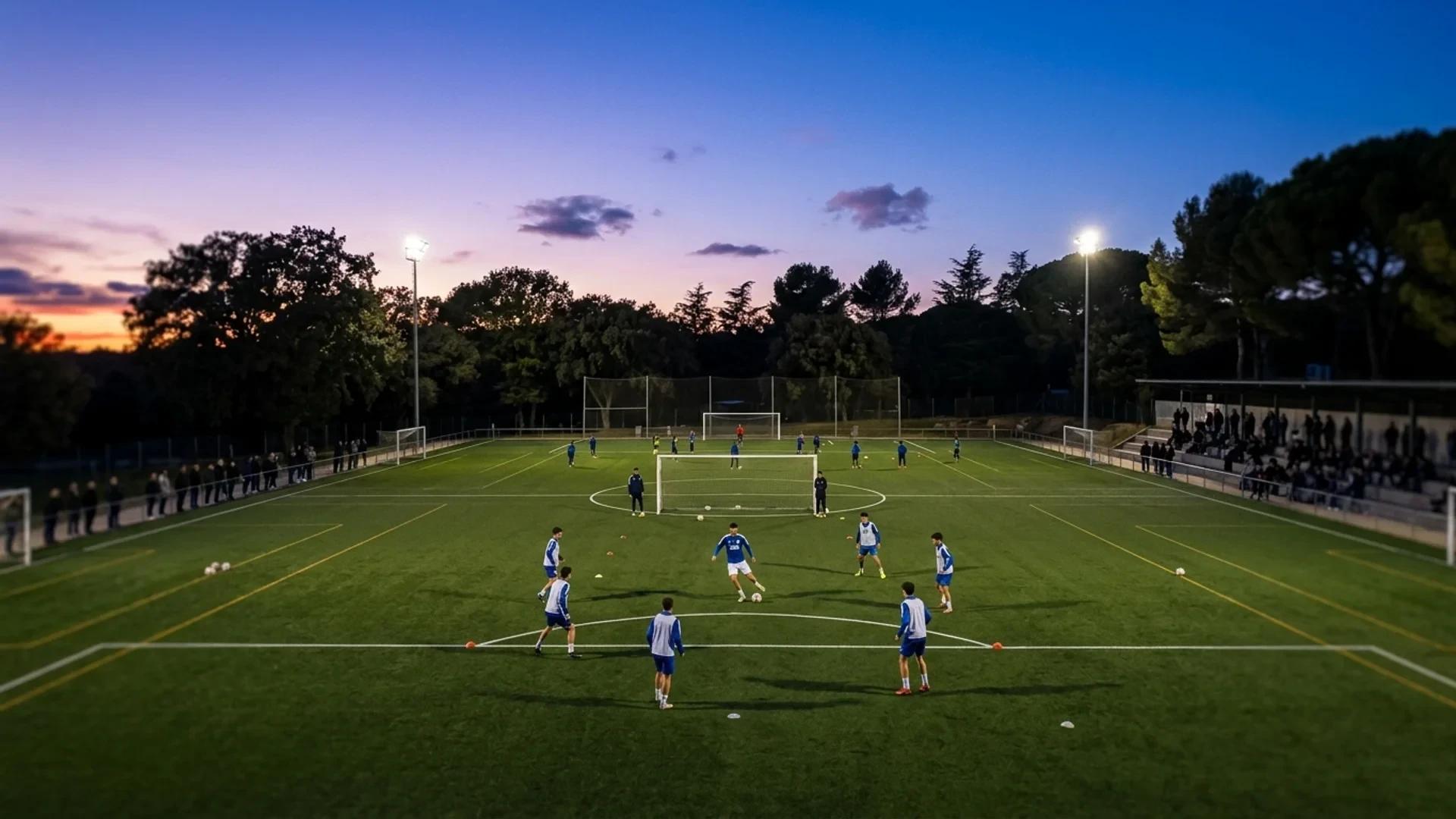 Aerial view of a soccer training ground at dusk with players in training.