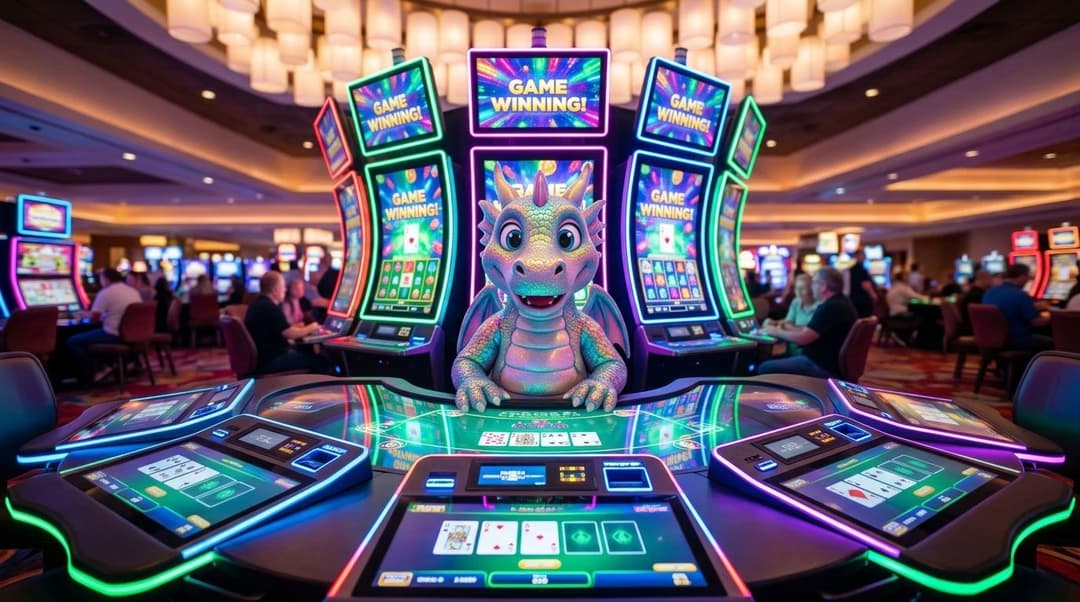 A whimsical dragon mascot at a futuristic casino table surrounded by vibrant neon lights.