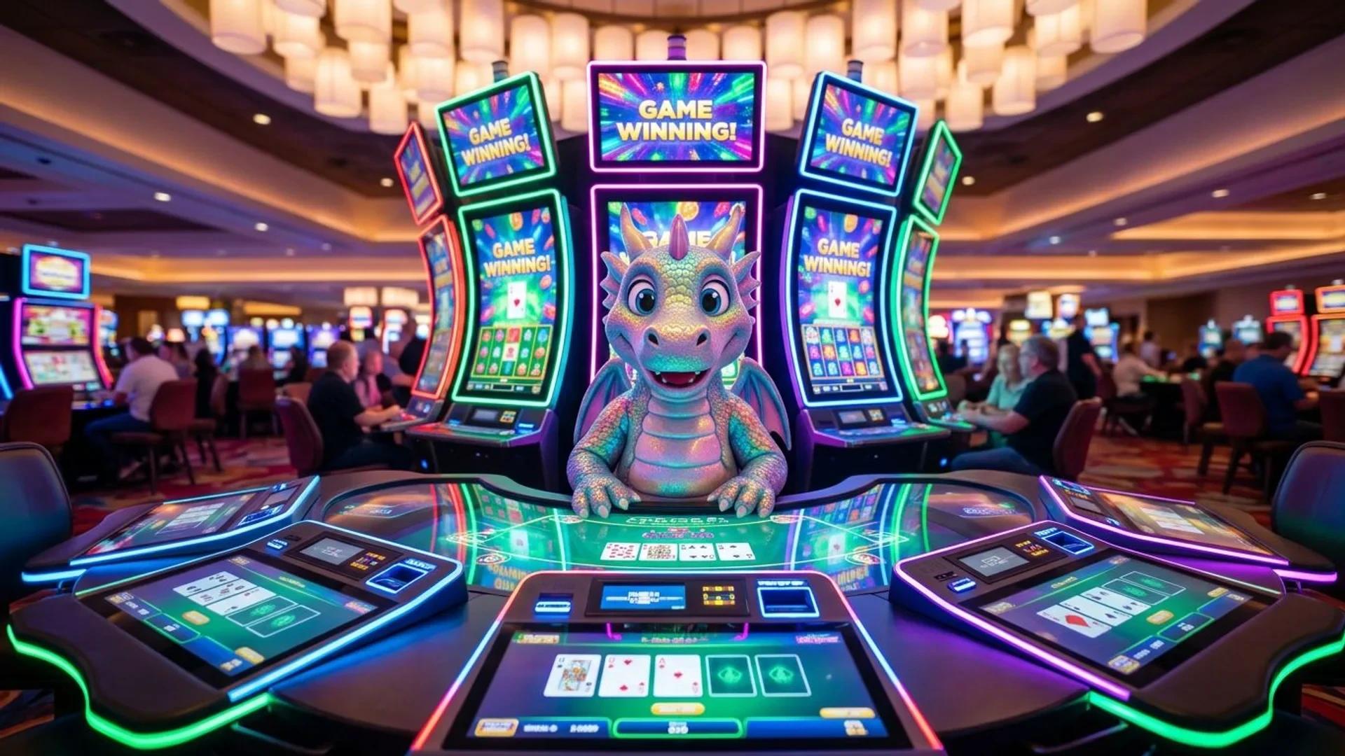 A whimsical dragon mascot at a futuristic casino table surrounded by vibrant neon lights.