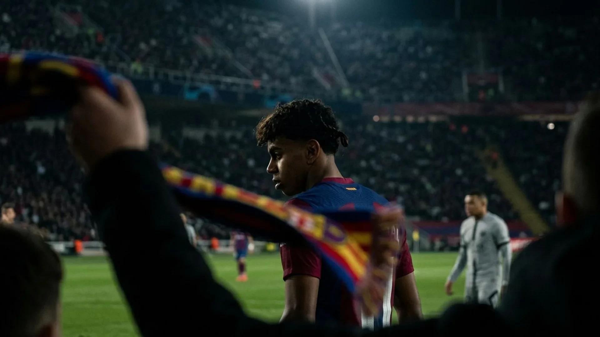 A dramatic over-the-shoulder view of a young football player, Lamine Yamal, on the pitch with stadium lights illuminating his focused expression.