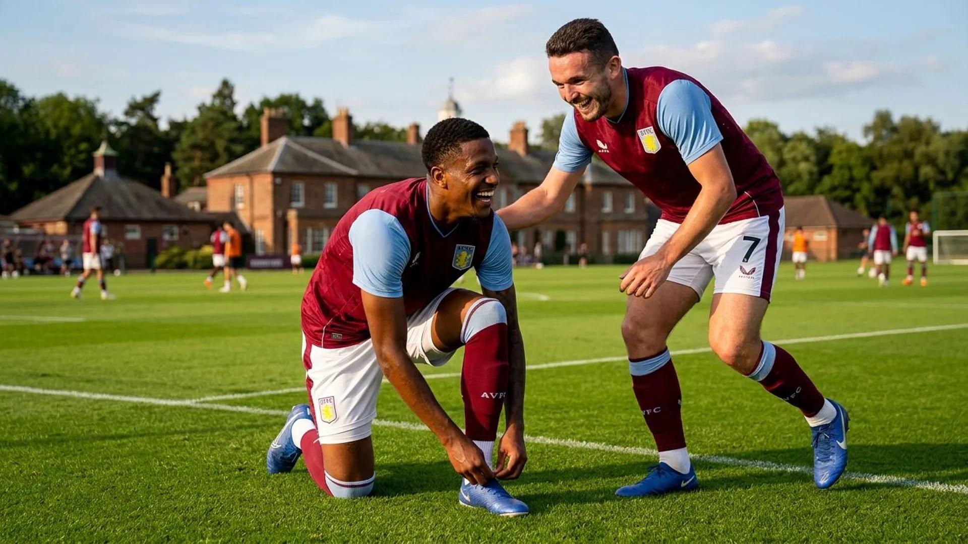 Aston Villa players interacting playfully on the training pitch, highlighting teamwork.