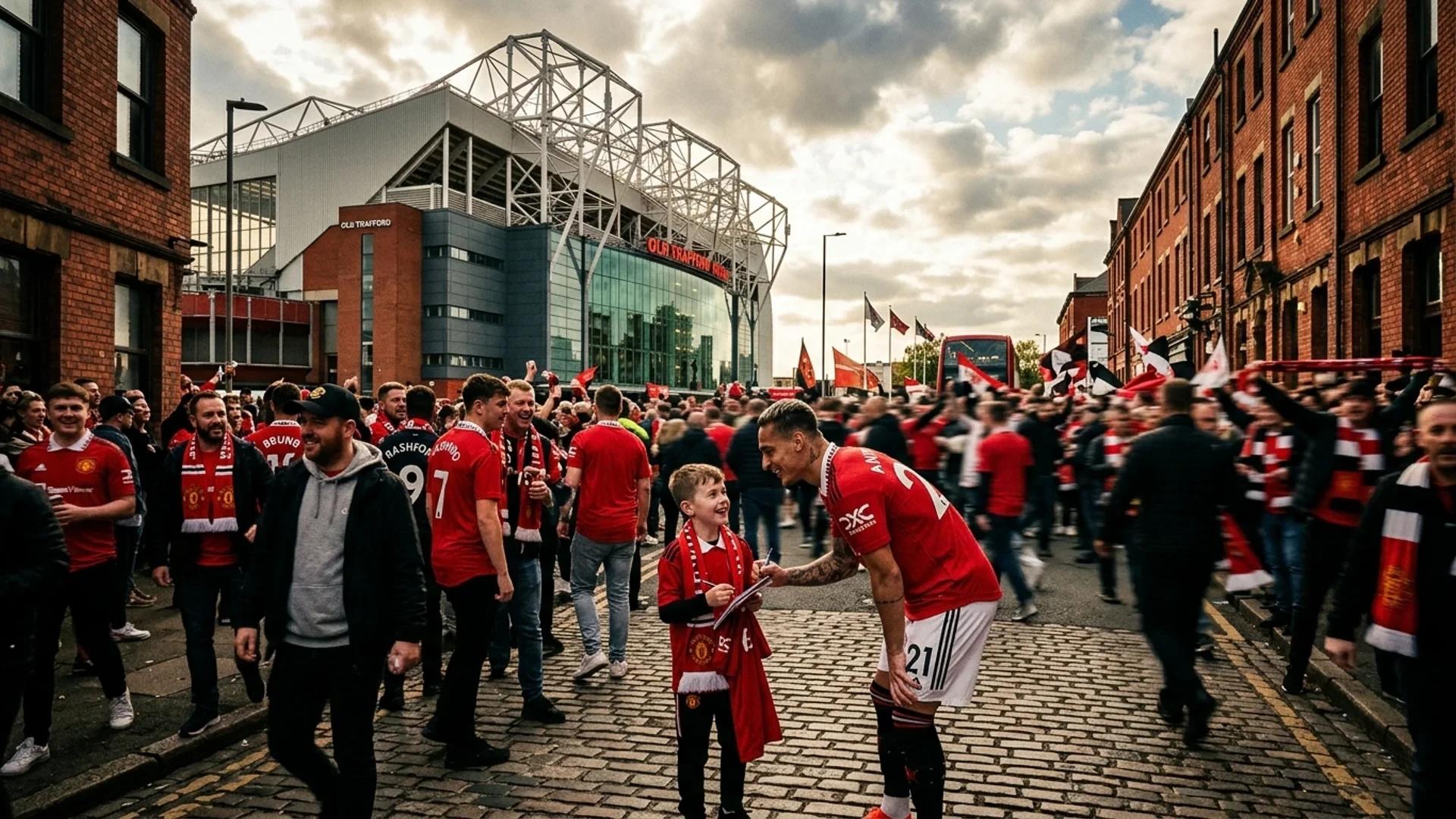 A crowd of Manchester United fans gathers outside Old Trafford, with a newly signed player interacting with a young supporter.