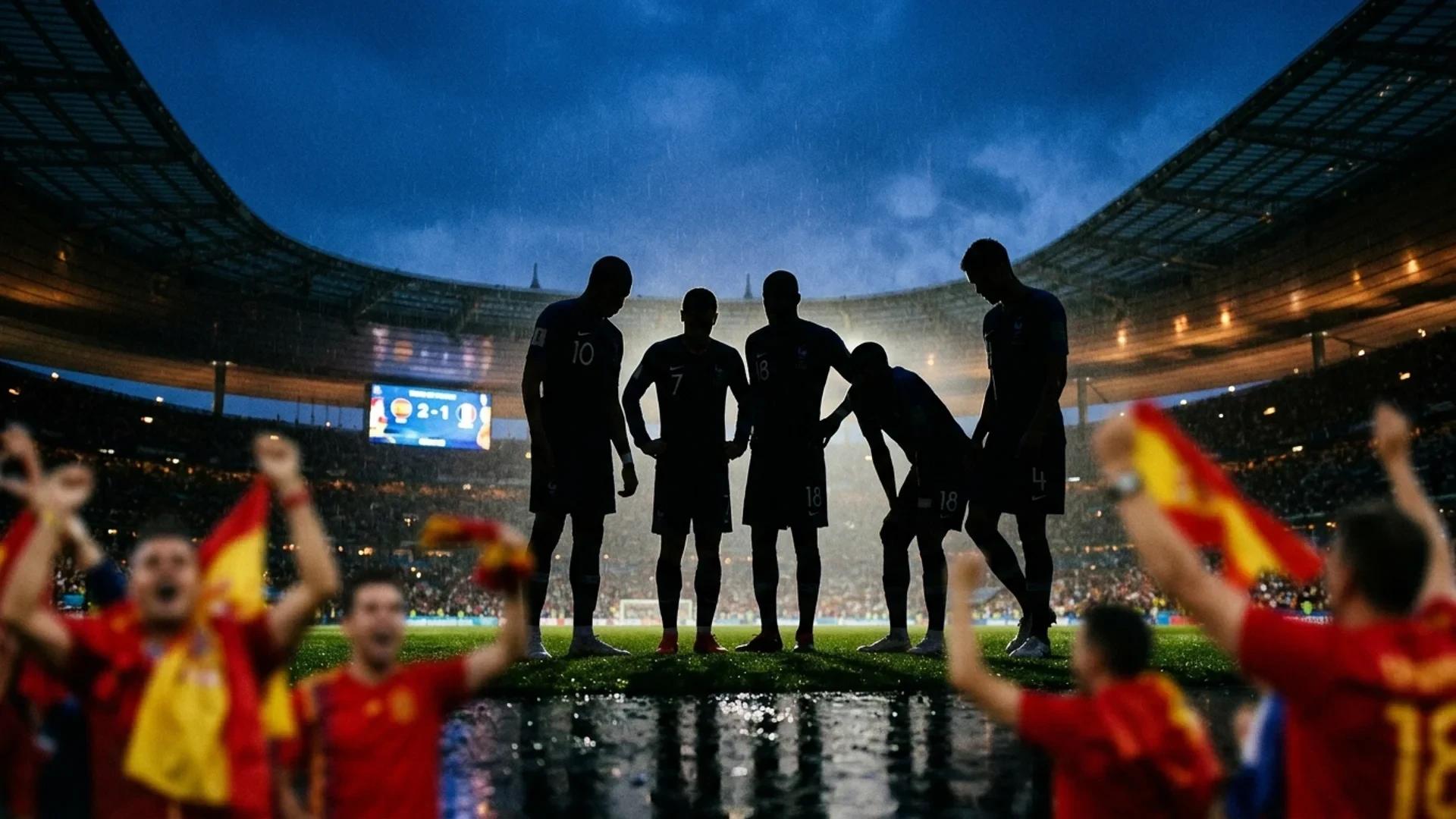 Dejected French football players silhouetted against a dusky blue sky after a match.