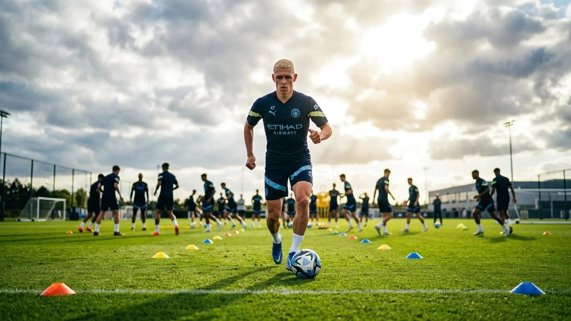 Phil Foden captured in action on a training pitch with teammates in the background.
