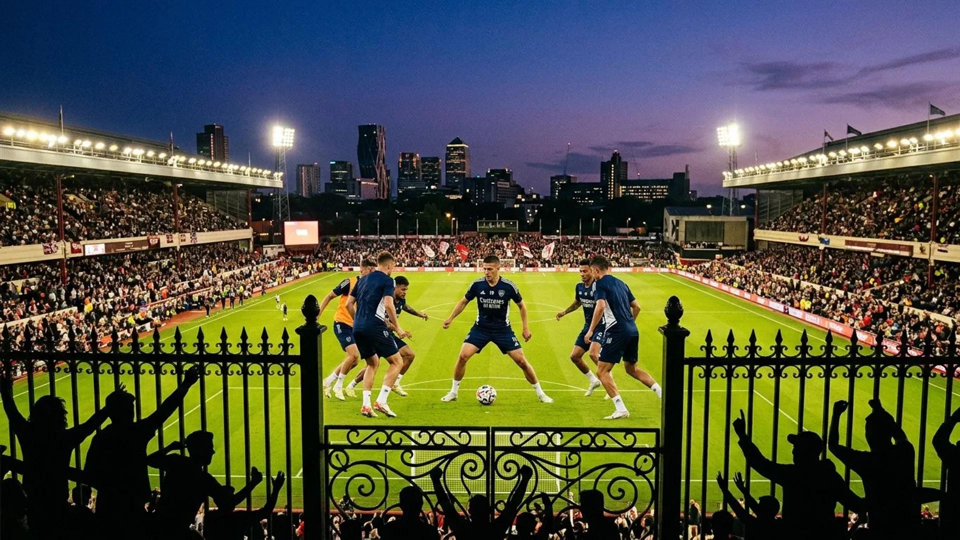 A soccer stadium at dusk with fans in the foreground and players practicing on the field.