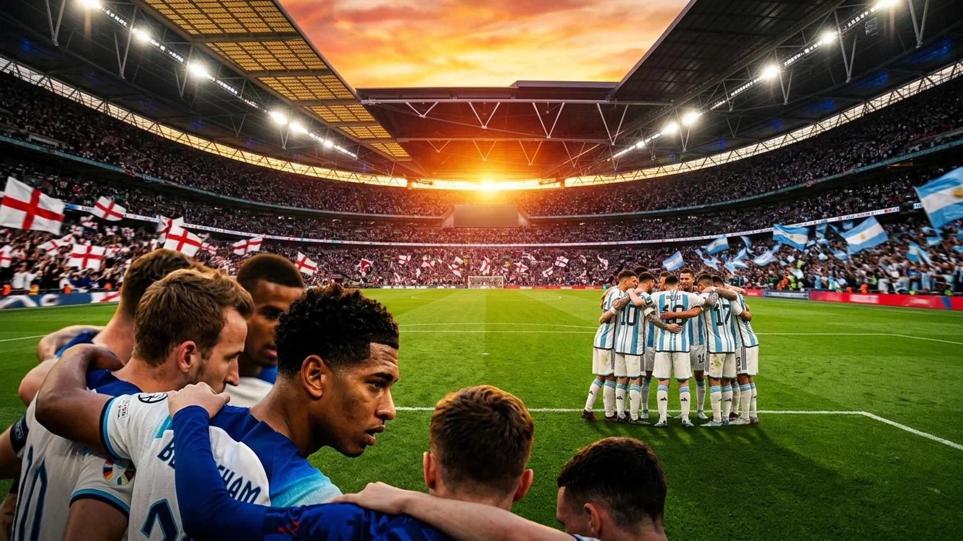 En fotballkamp med spillere fra England og Argentina i en gylden solnedgang.