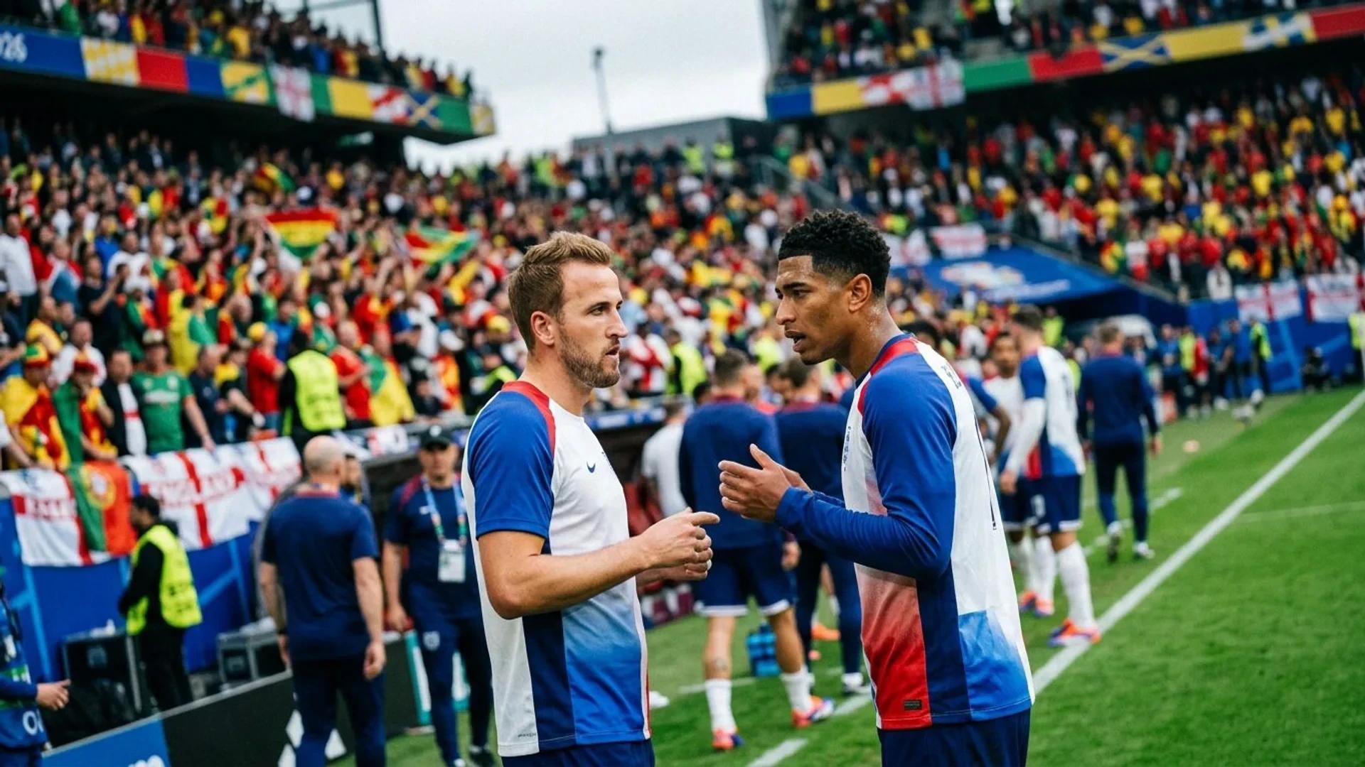 Football players discussing tactics on a pitch with fans in background.