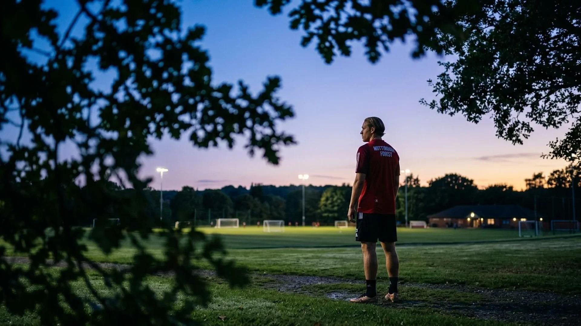 En fotballspiller i treningsdress står i en dusk setting, med en fotballbane i bakgrunnen.