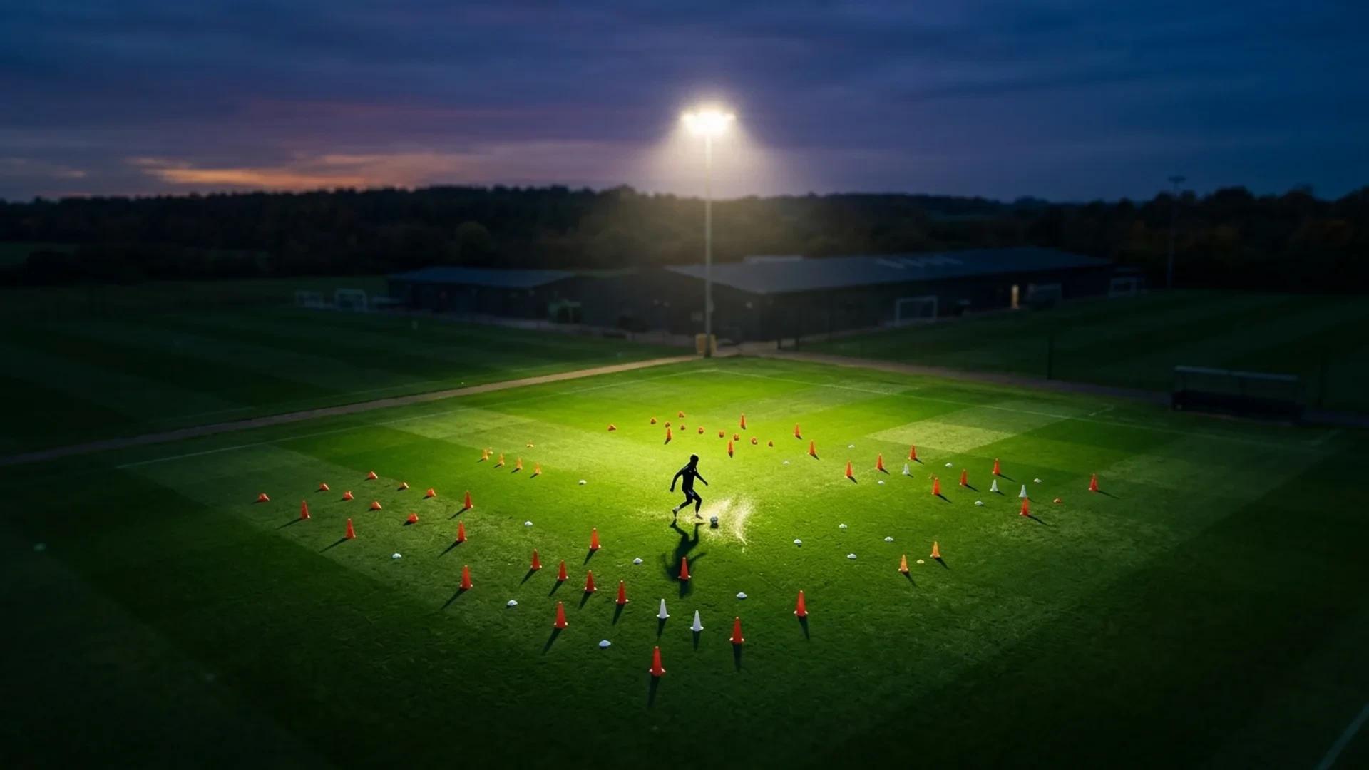 Bird's-eye view of a football training pitch illuminated by a spotlight at twilight, featuring a lone player dribbling the ball.