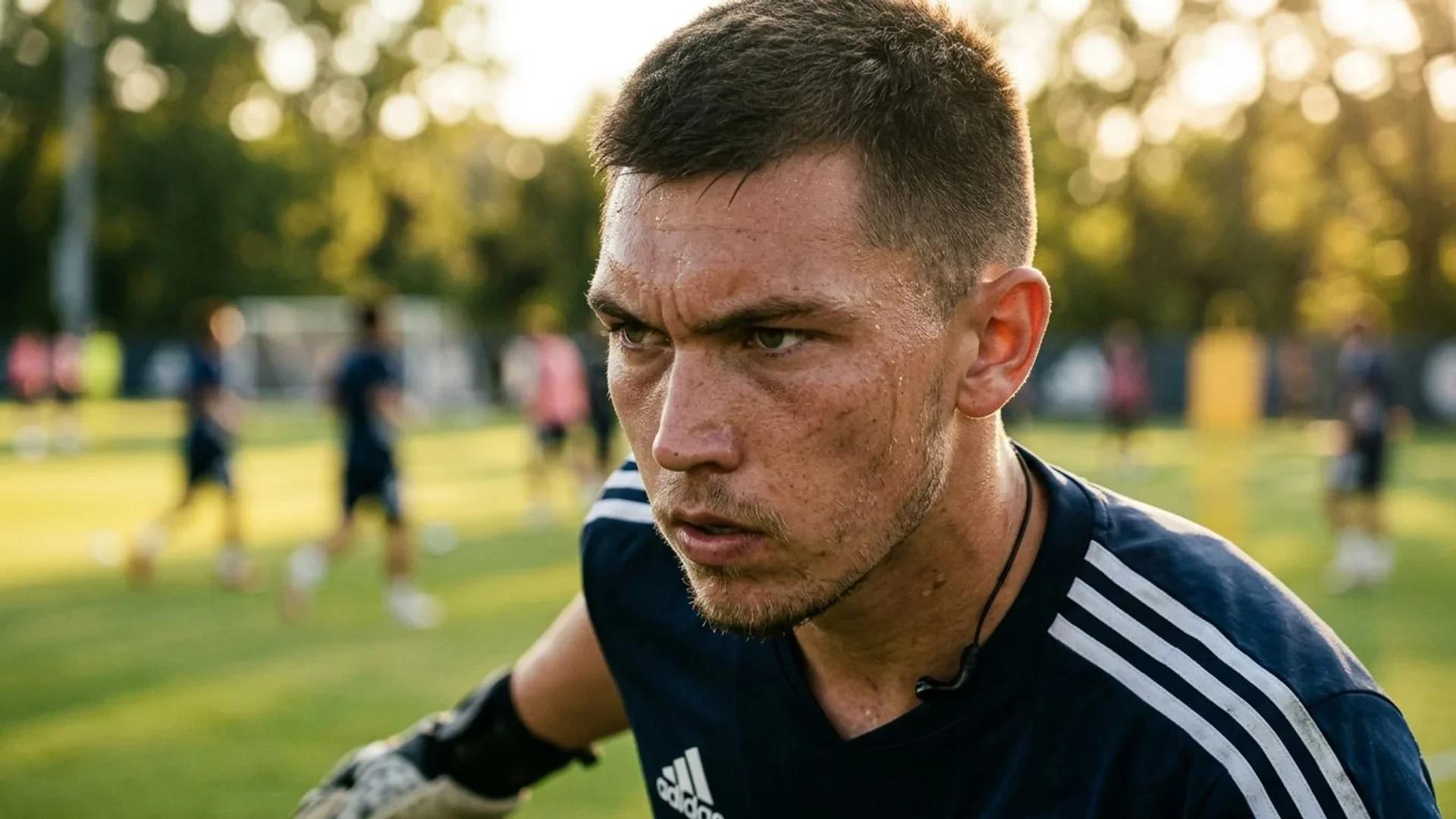Extreme close-up of a soccer player in training, focusing on his determined expression.