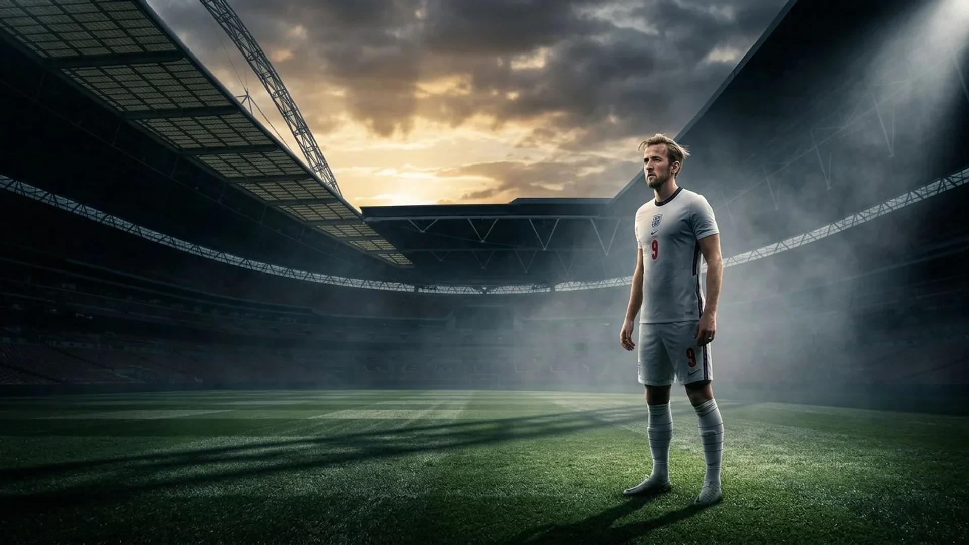 Harry Kane stands on a football pitch surrounded by mist and shadows, conveying a sense of anticipation.