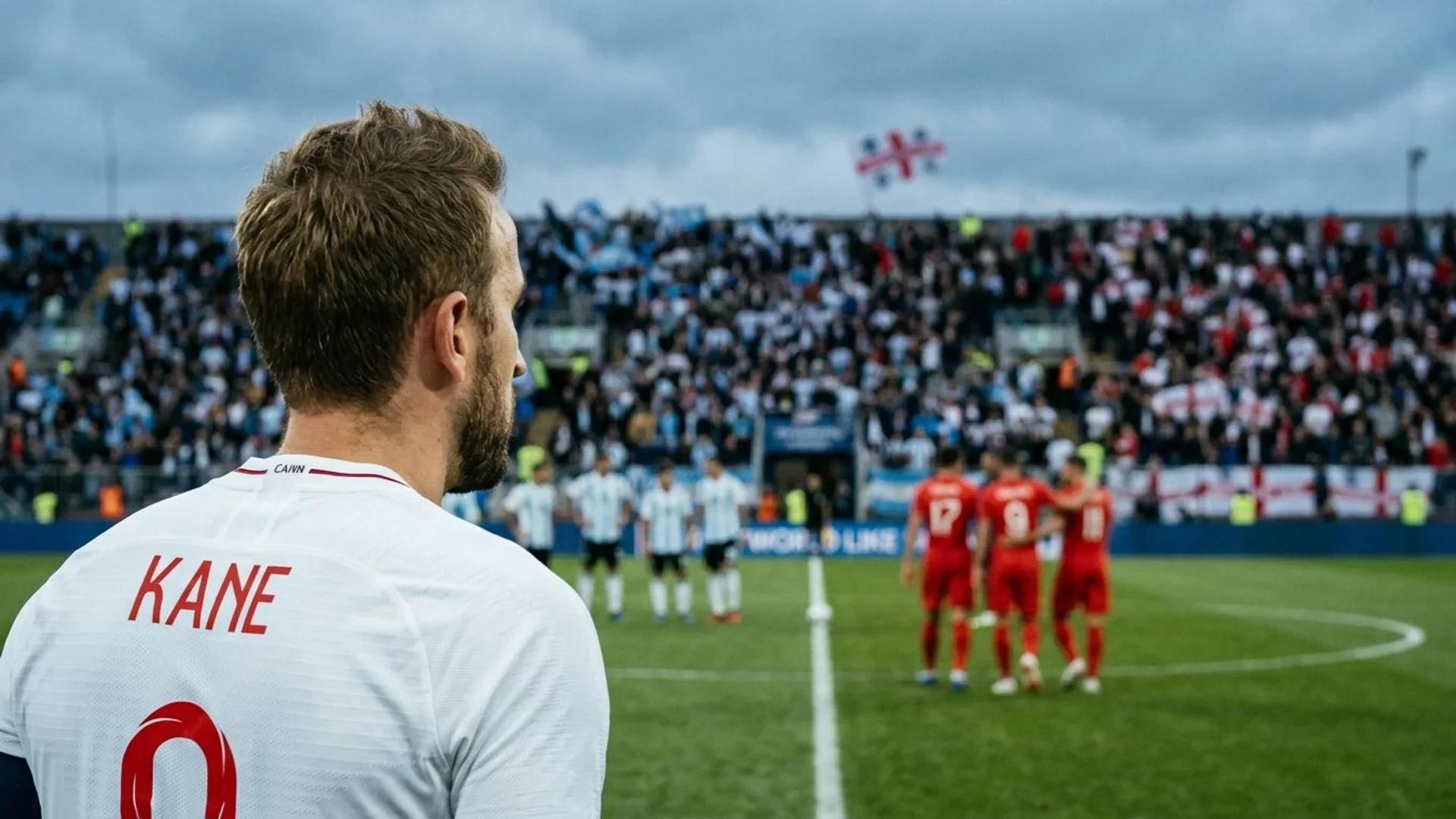 Harry Kane viewed from behind, looking out onto a football pitch filled with fans, with a tense atmosphere before the match.