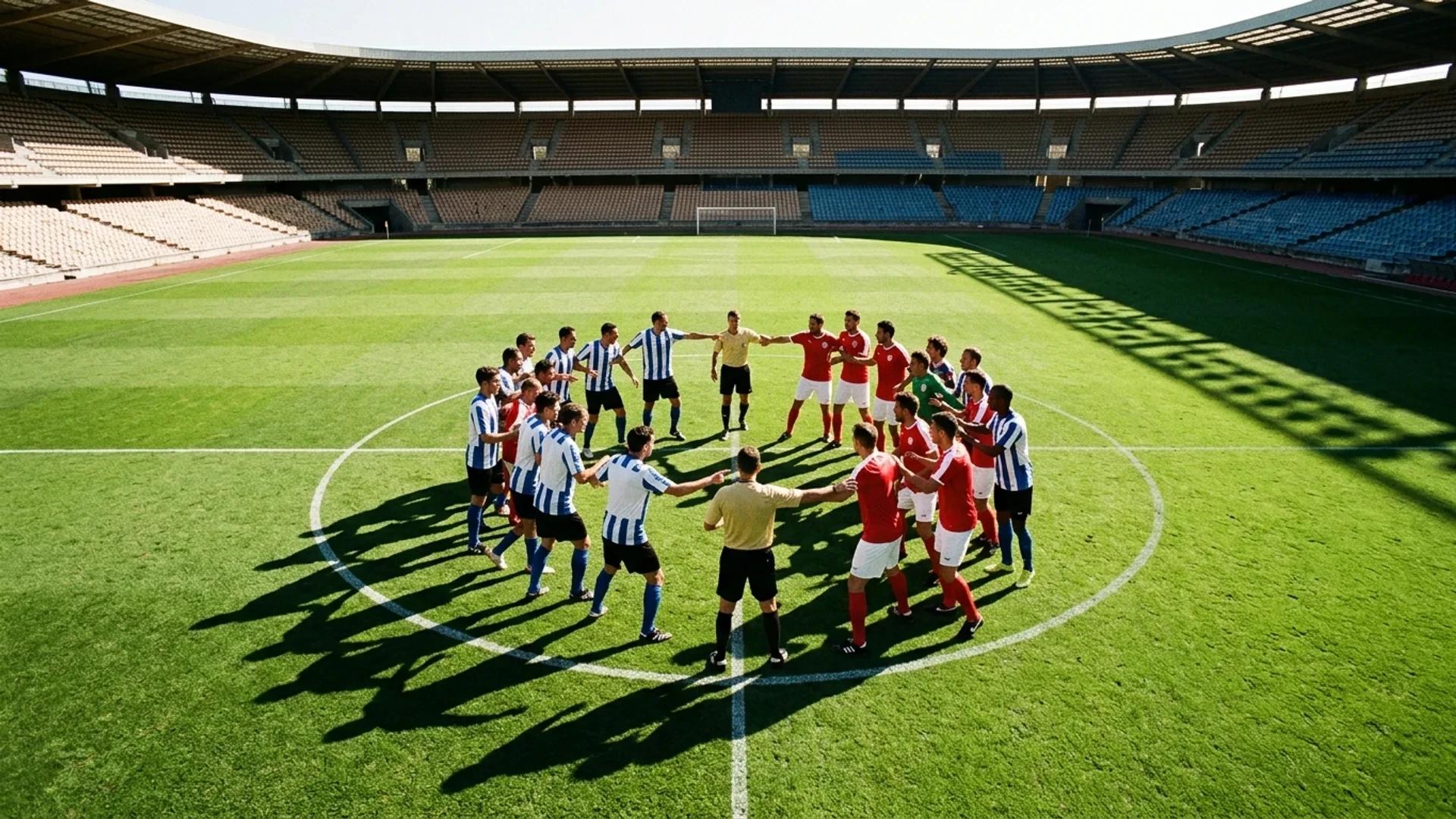 Aerial view of football players in a heated confrontation on the field post-match.