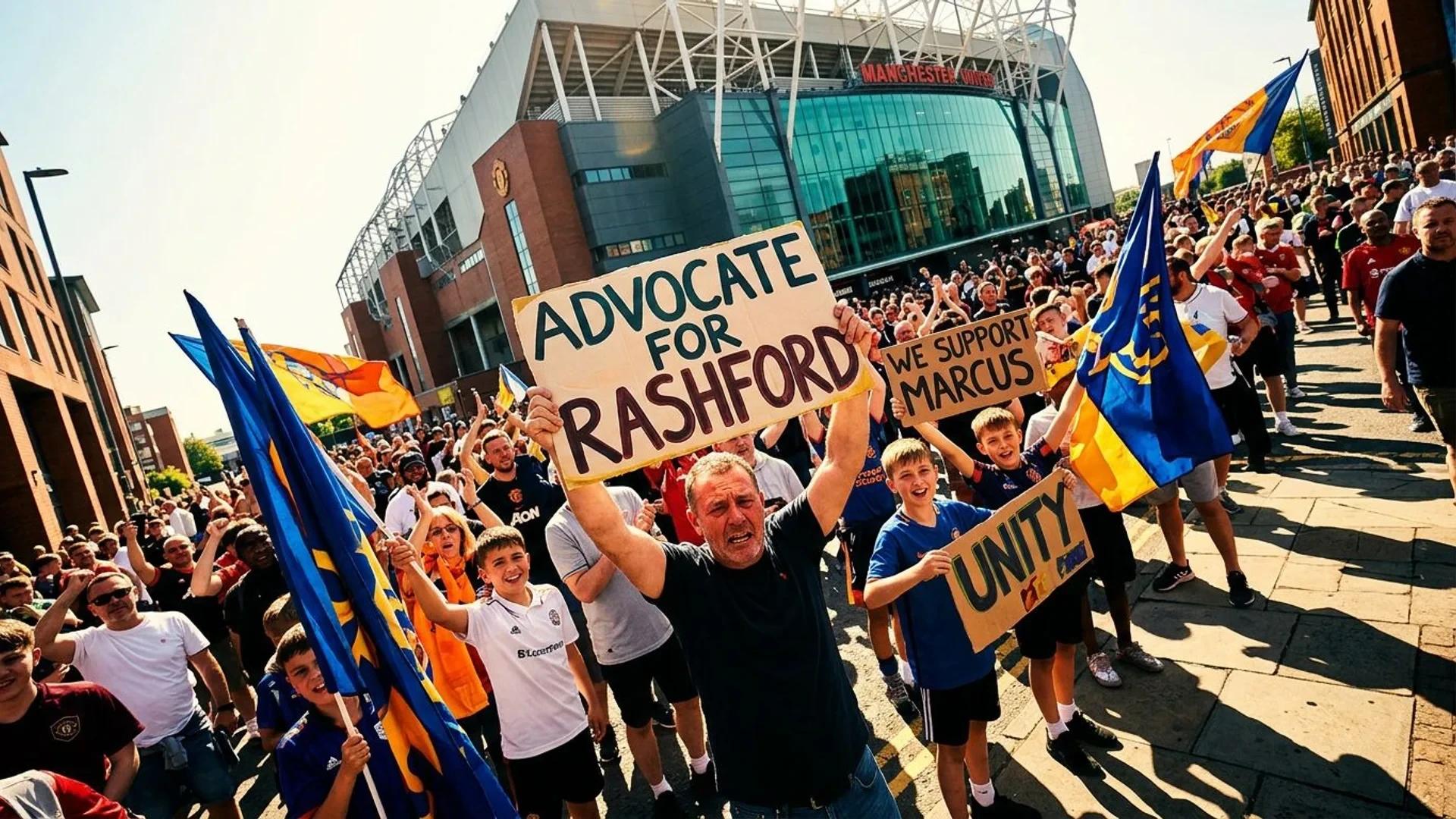 A crowd of football fans with banners and flags in front of a football club.