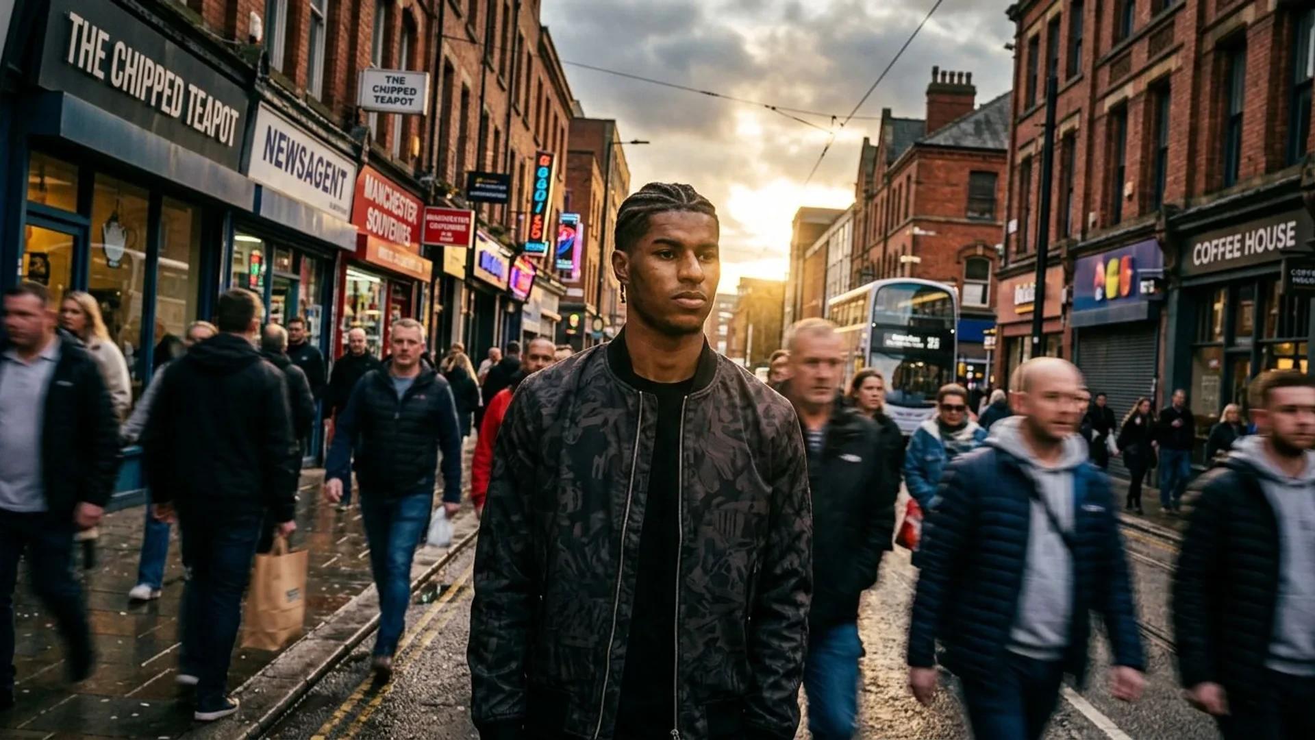 Marcus Rashford standing on a Manchester street with a contemplative expression, surrounded by blurred pedestrians.