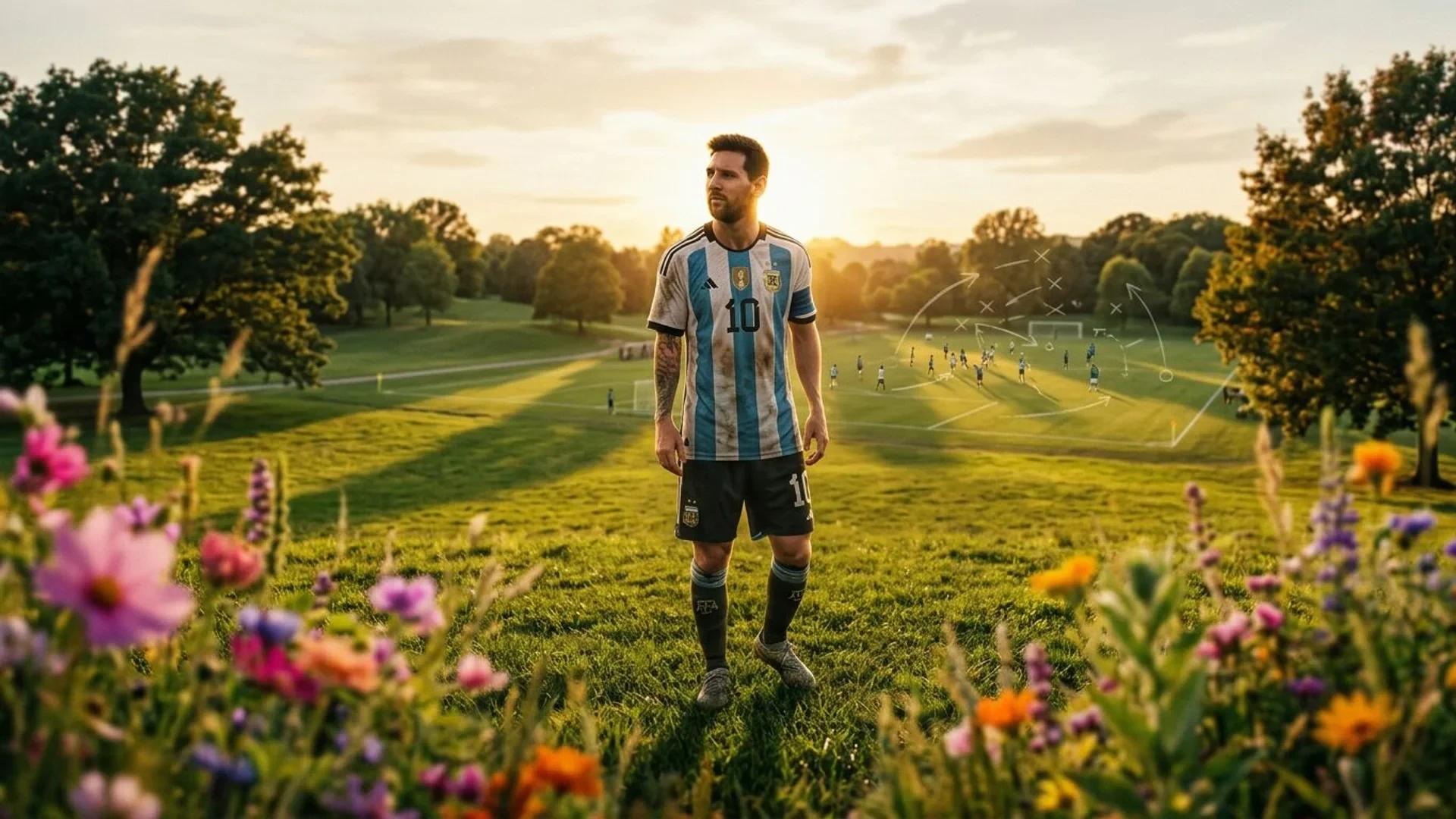 Lionel Messi in a park during golden hour, surrounded by flowers and a distant soccer field.