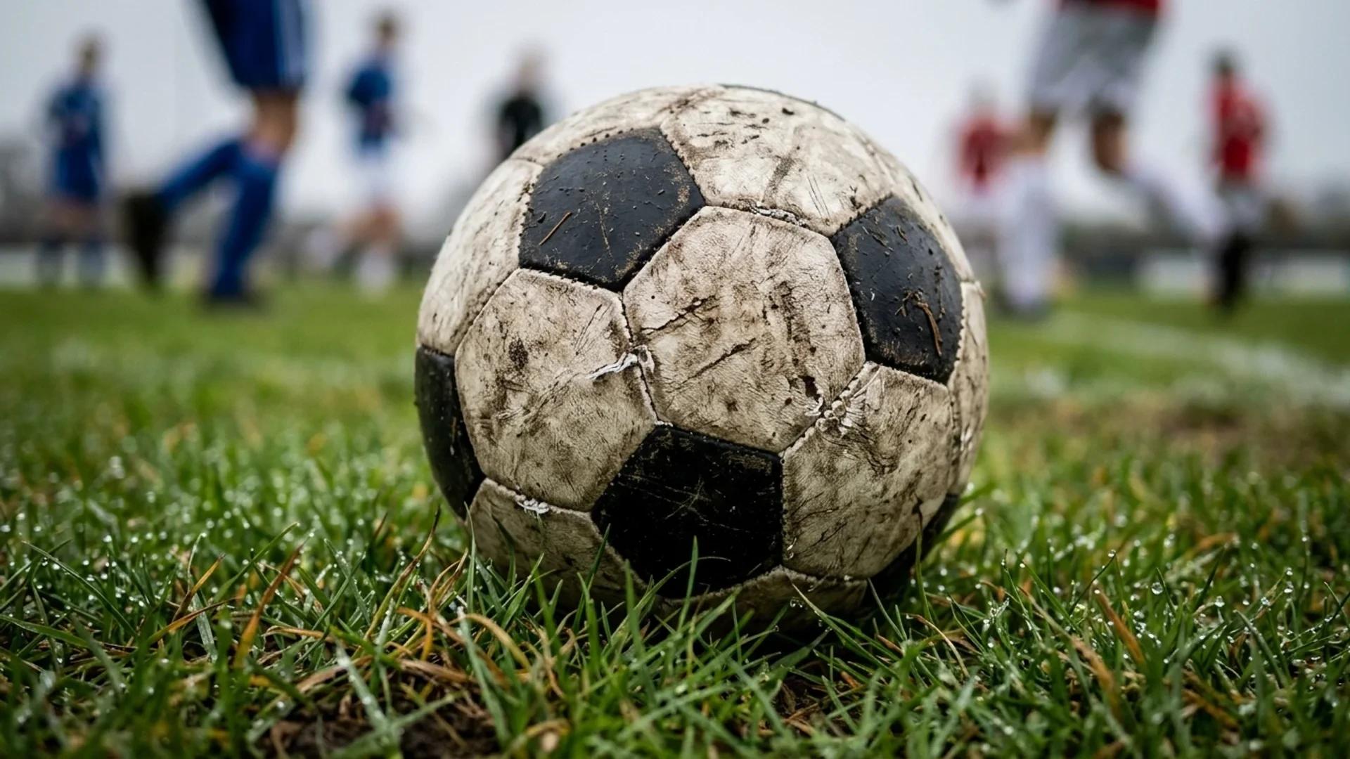 An extreme close-up of a soccer ball on grass, with droplets of dew.