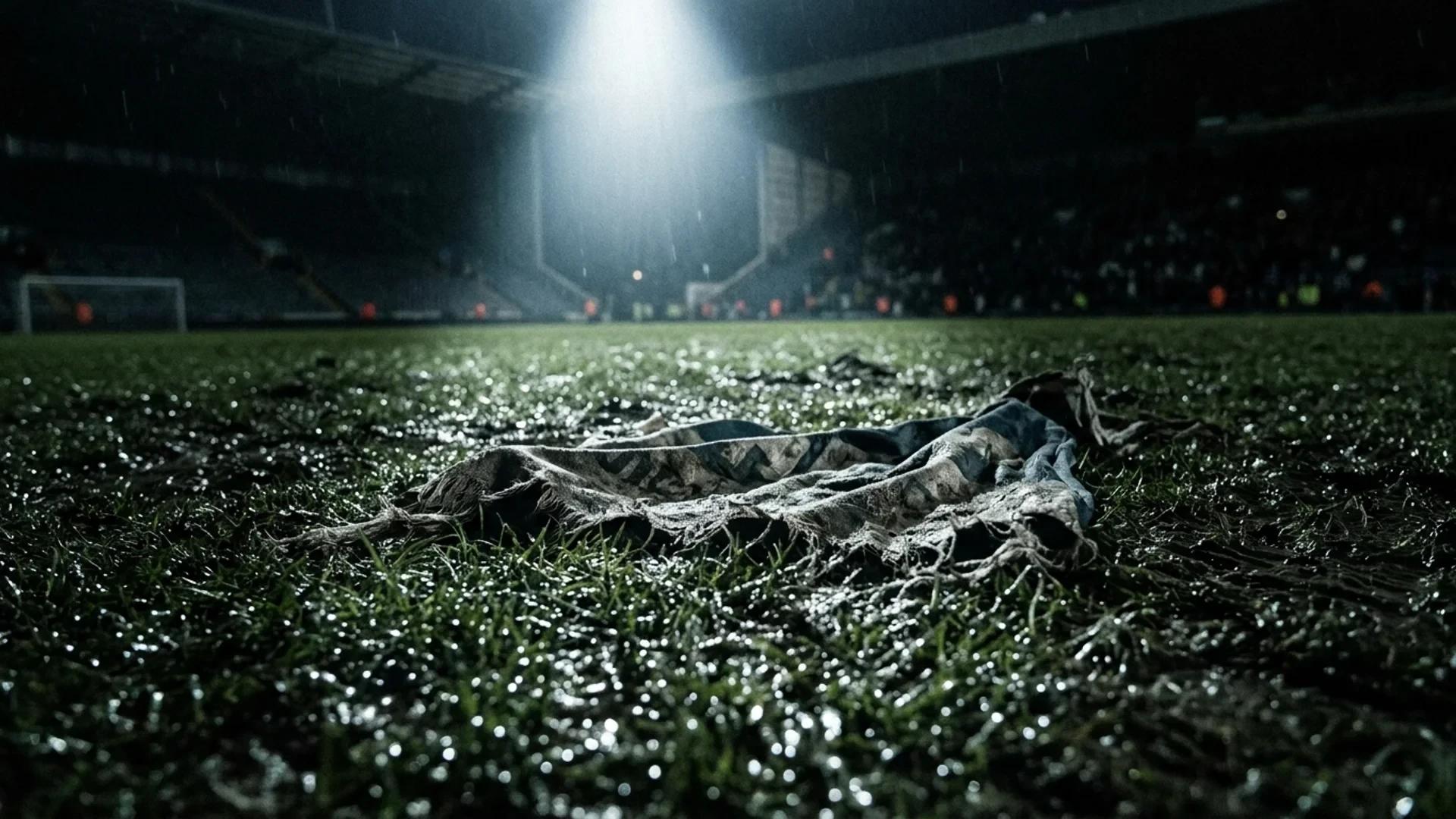 An extreme close-up of a discarded cloth on a football pitch under a spotlight.