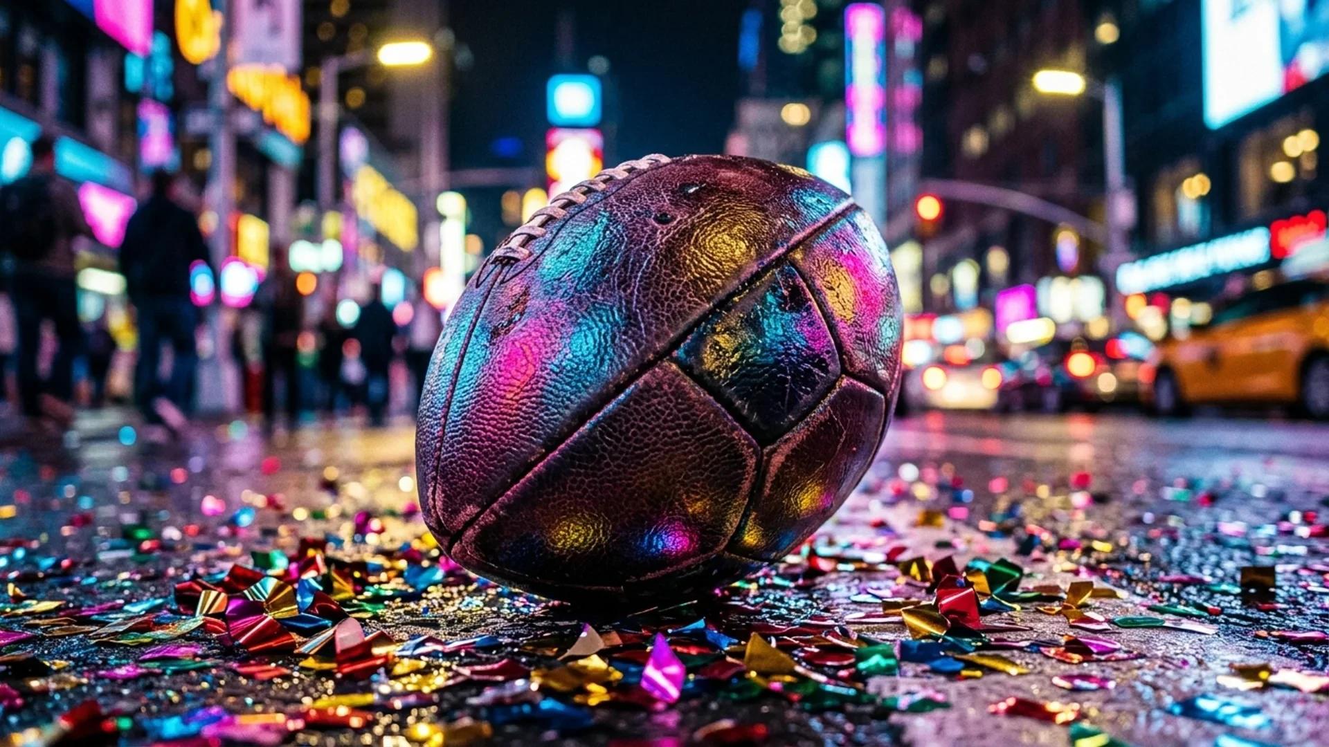 An extreme close-up of a football illuminated by colorful neon lights and confetti.