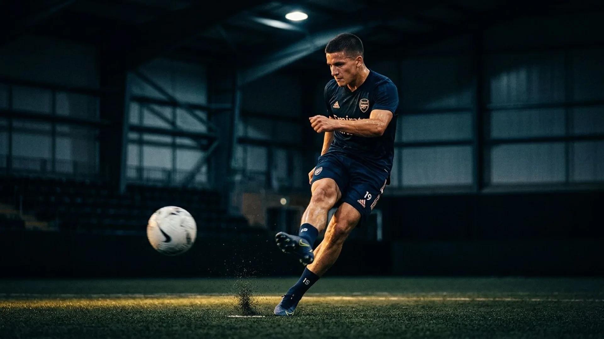 A young football player, Christos Tzolis, training under a dramatic spotlight.