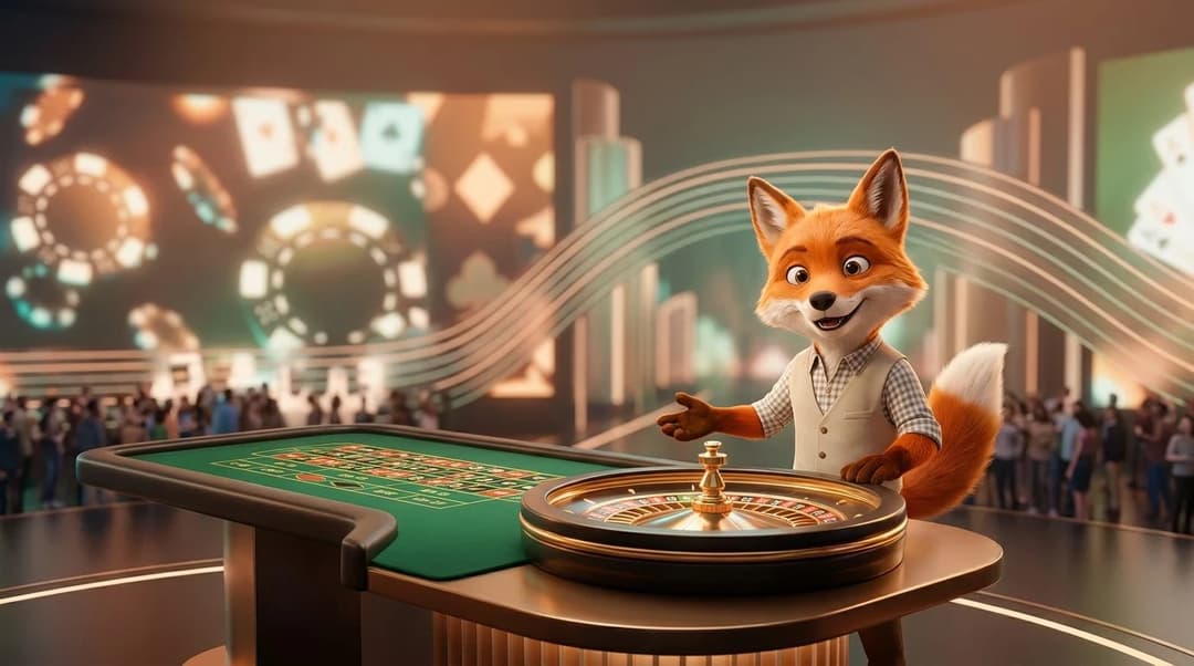 A friendly fox mascot stands next to a roulette table in a vibrant casino setting.