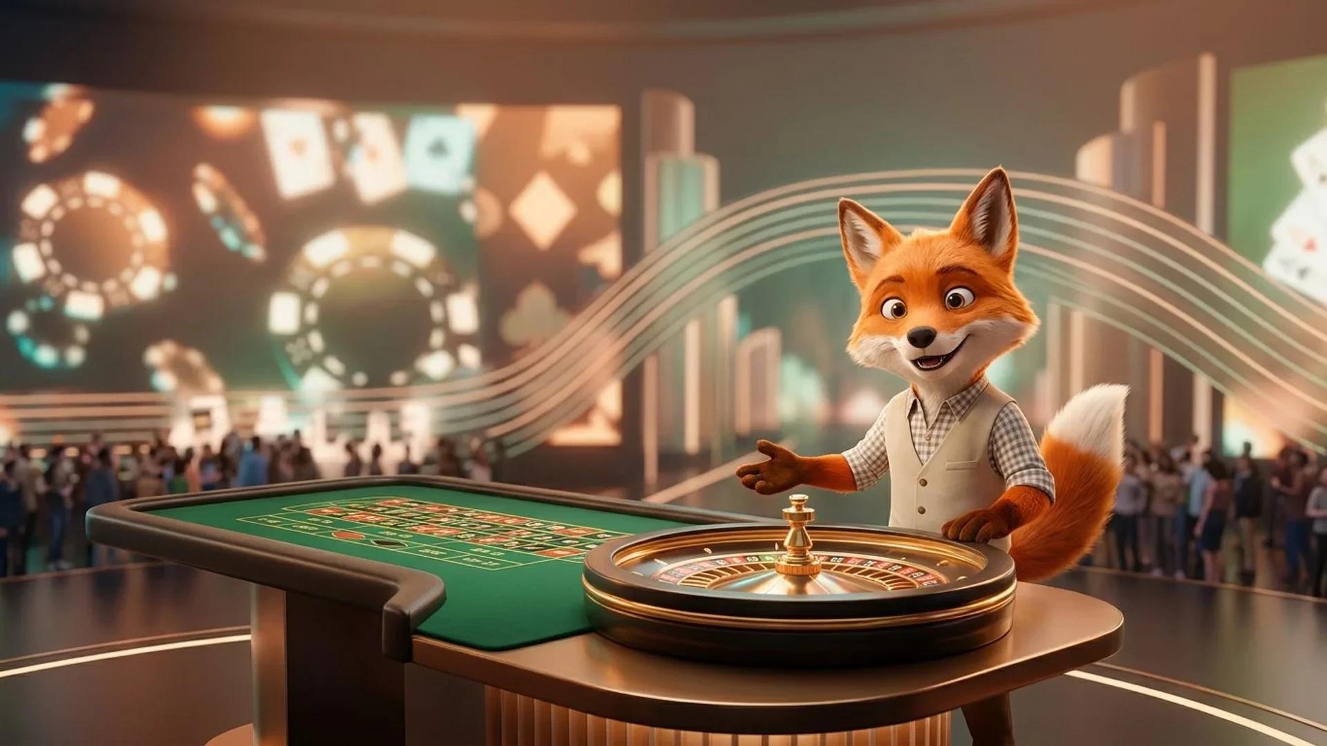 A friendly fox mascot stands next to a roulette table in a vibrant casino setting.