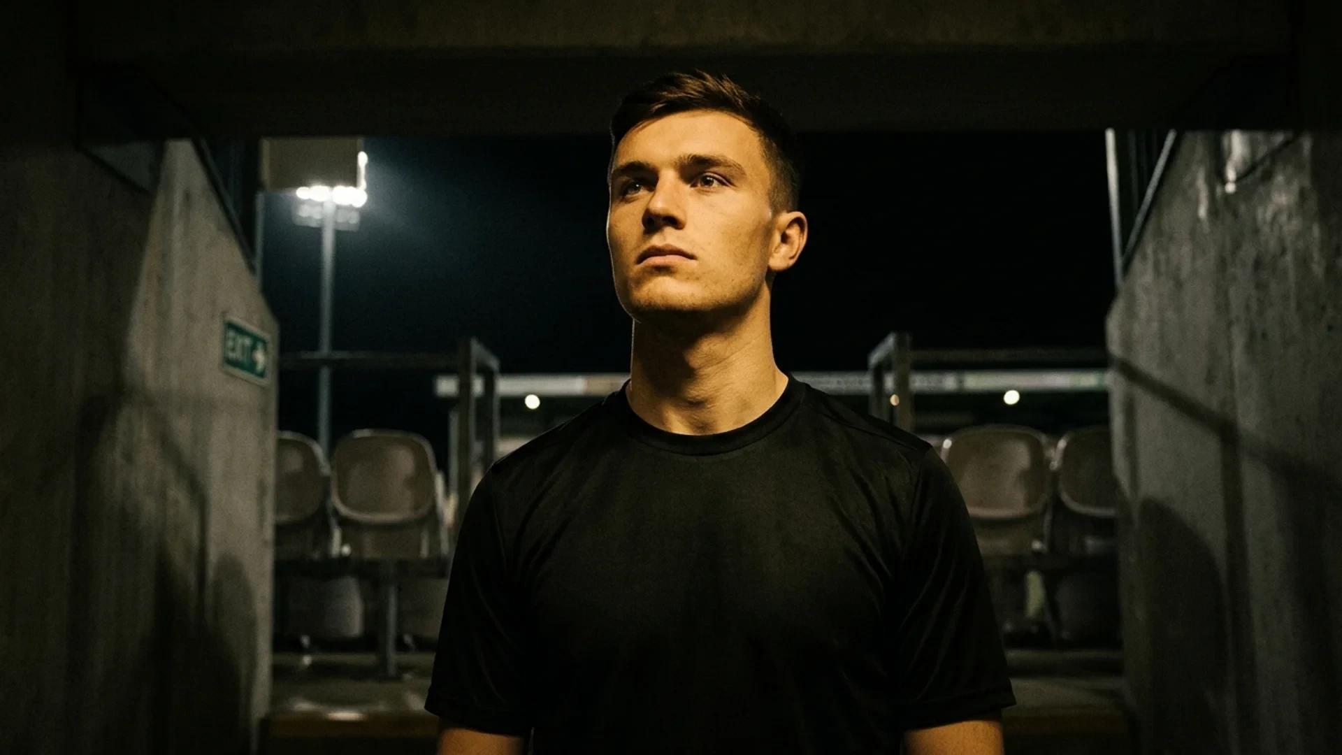 Isaac Schmidt stands in a dimly lit stadium corridor, expressing determination and transition.