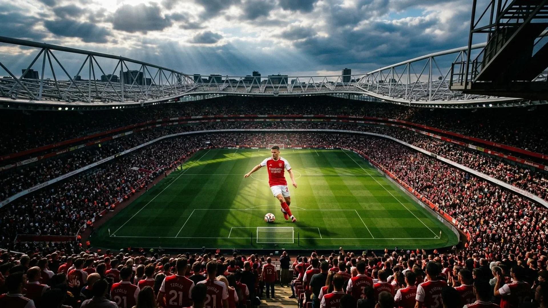 Bird's-eye view of Emirates Stadium with Christos Tzolis practicing.