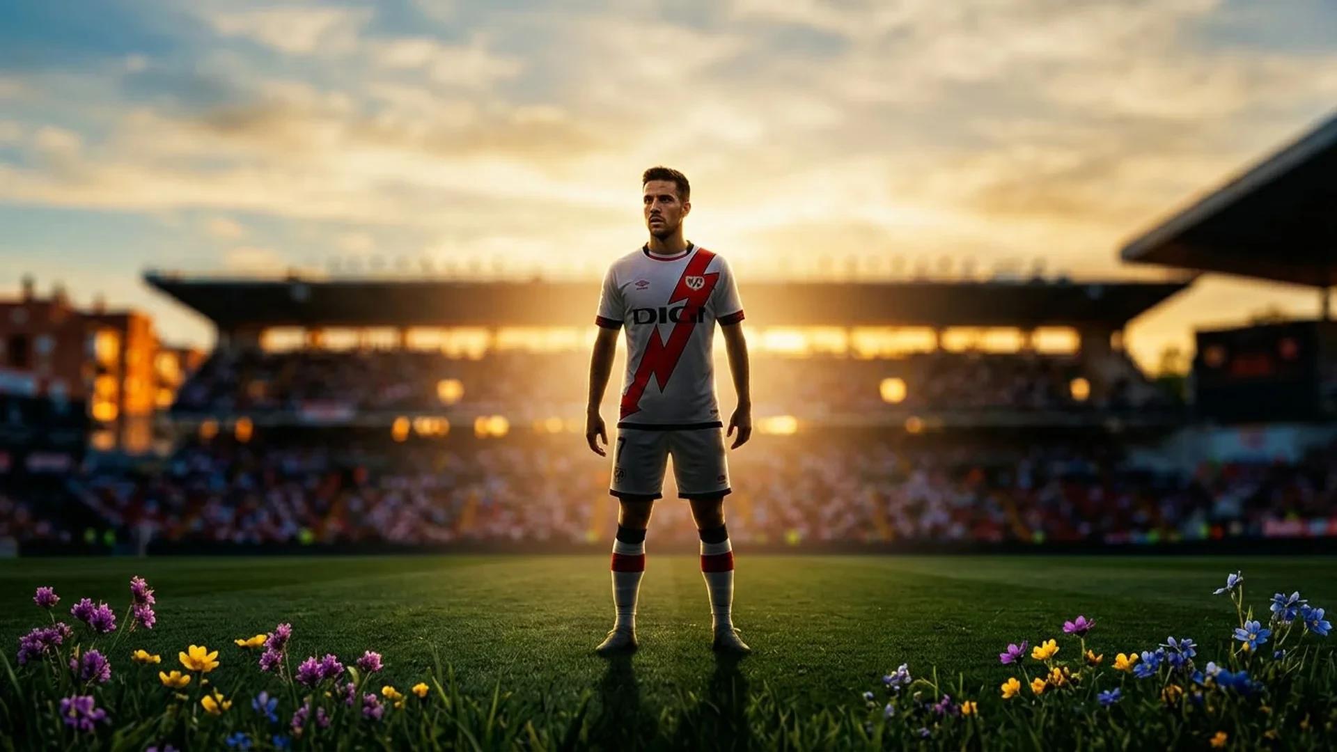 En fotballspiller står på banen i gyllent lys under solnedgang.
