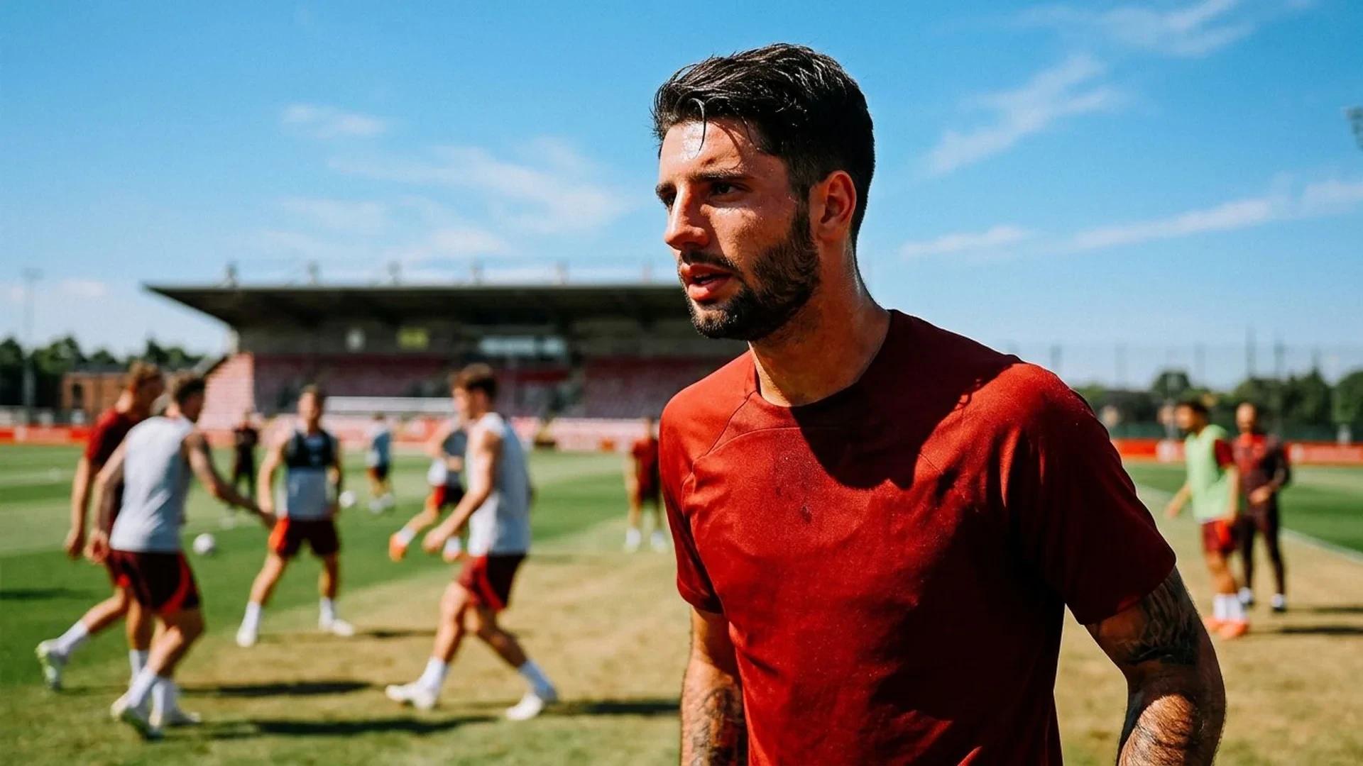 A close-up of a football player in training under harsh midday sunlight, highlighting his focused expression.