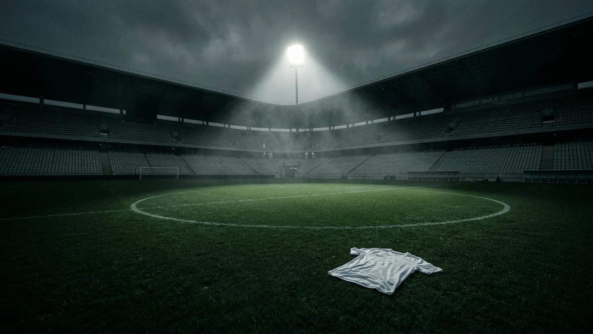An extreme wide shot of an empty football pitch illuminated by a single spotlight, featuring a crumpled shirt on the grass.