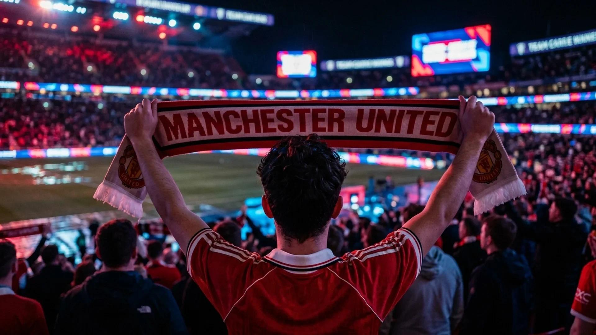 A young football fan holding a Manchester United scarf in front of a vibrant stadium.