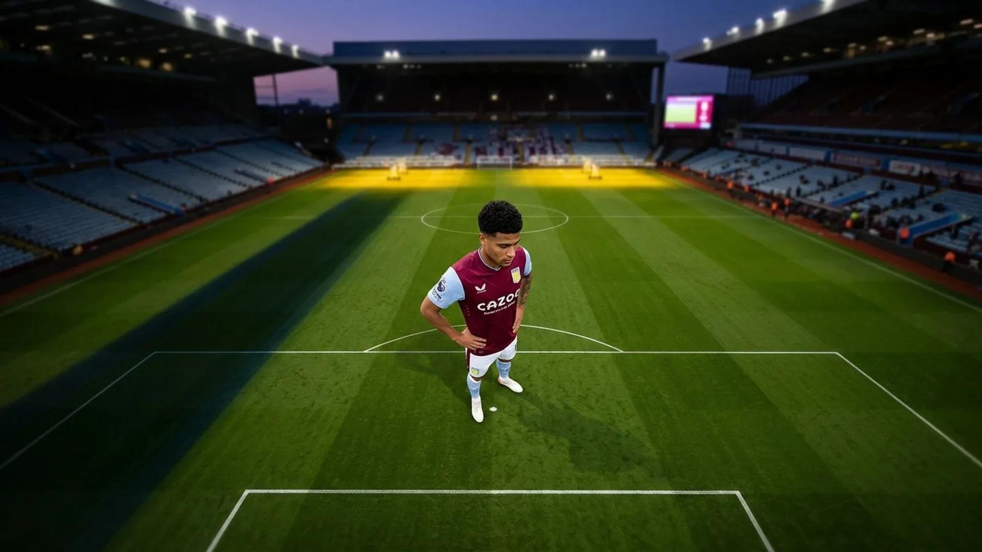 En oversiktsvisning av João Gomes på Aston Villa-feltet ved skumring.