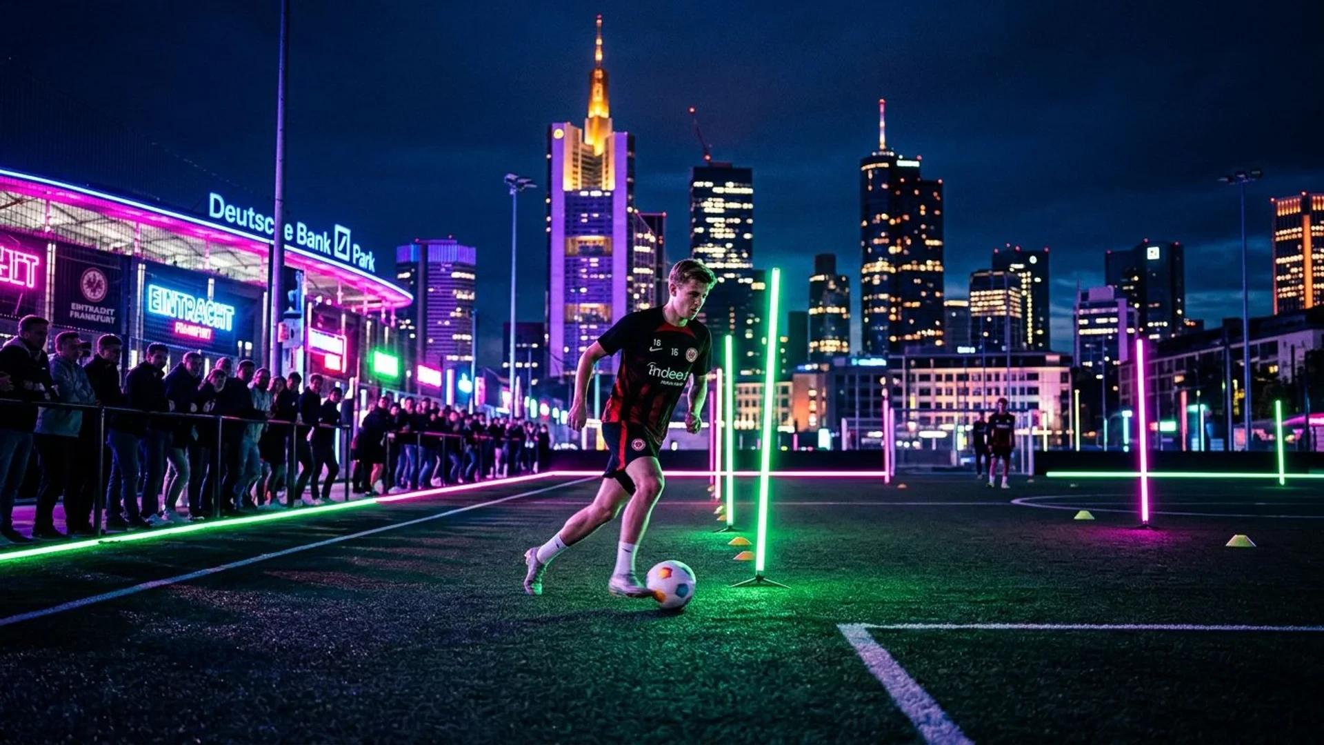 En ung fotballspiller dribler en ball under neonlys i en urban sportskompleks.