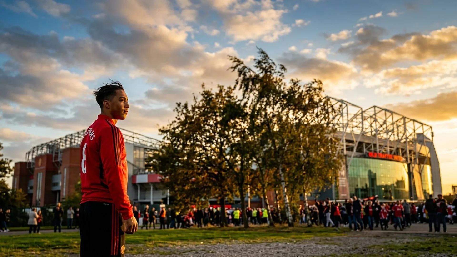 Youri Tielemans standing in front of Old Trafford during golden hour.