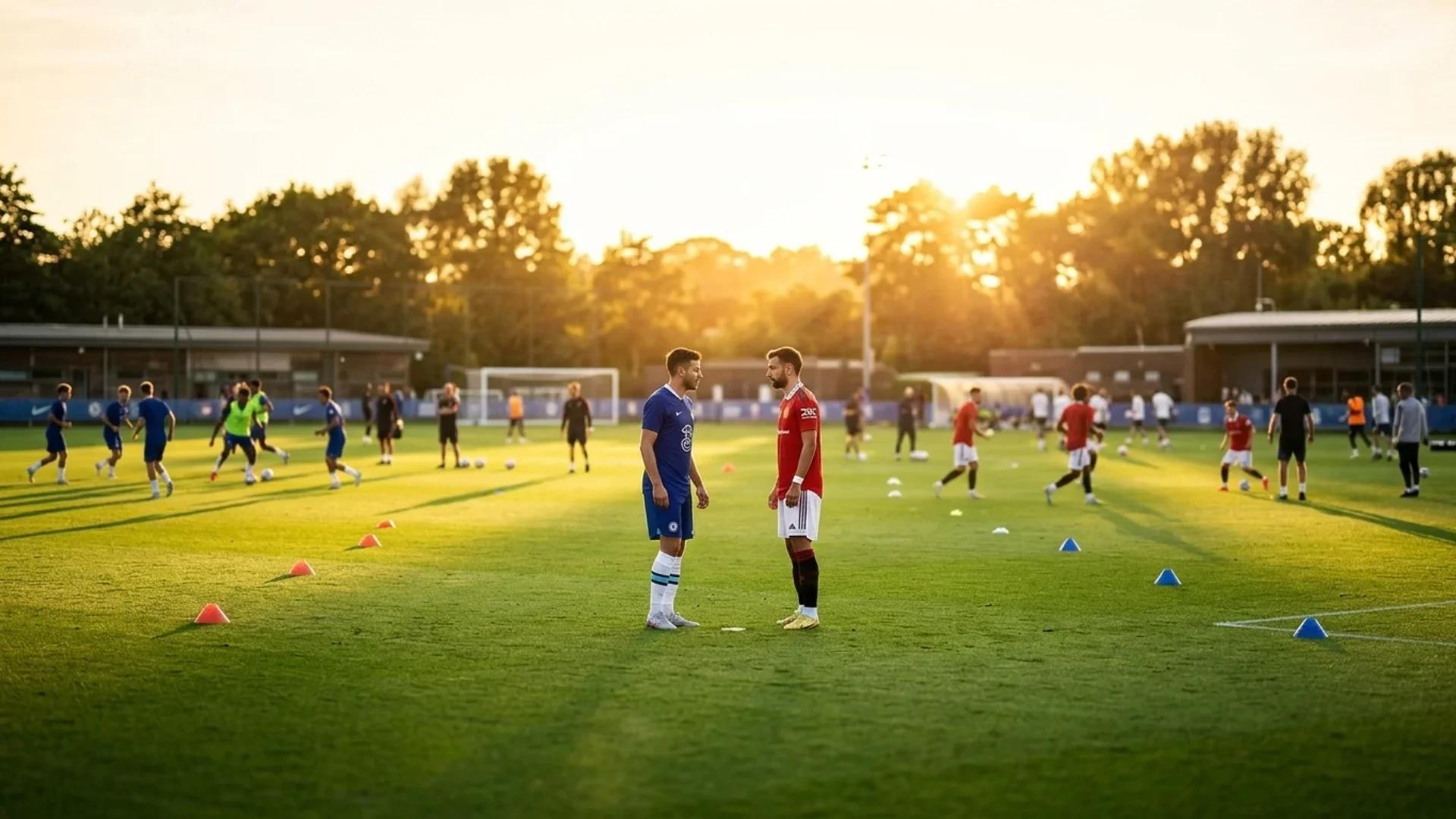 To spillere står midt på en fotballbane under gylden time, med aktivitet i bakgrunnen.