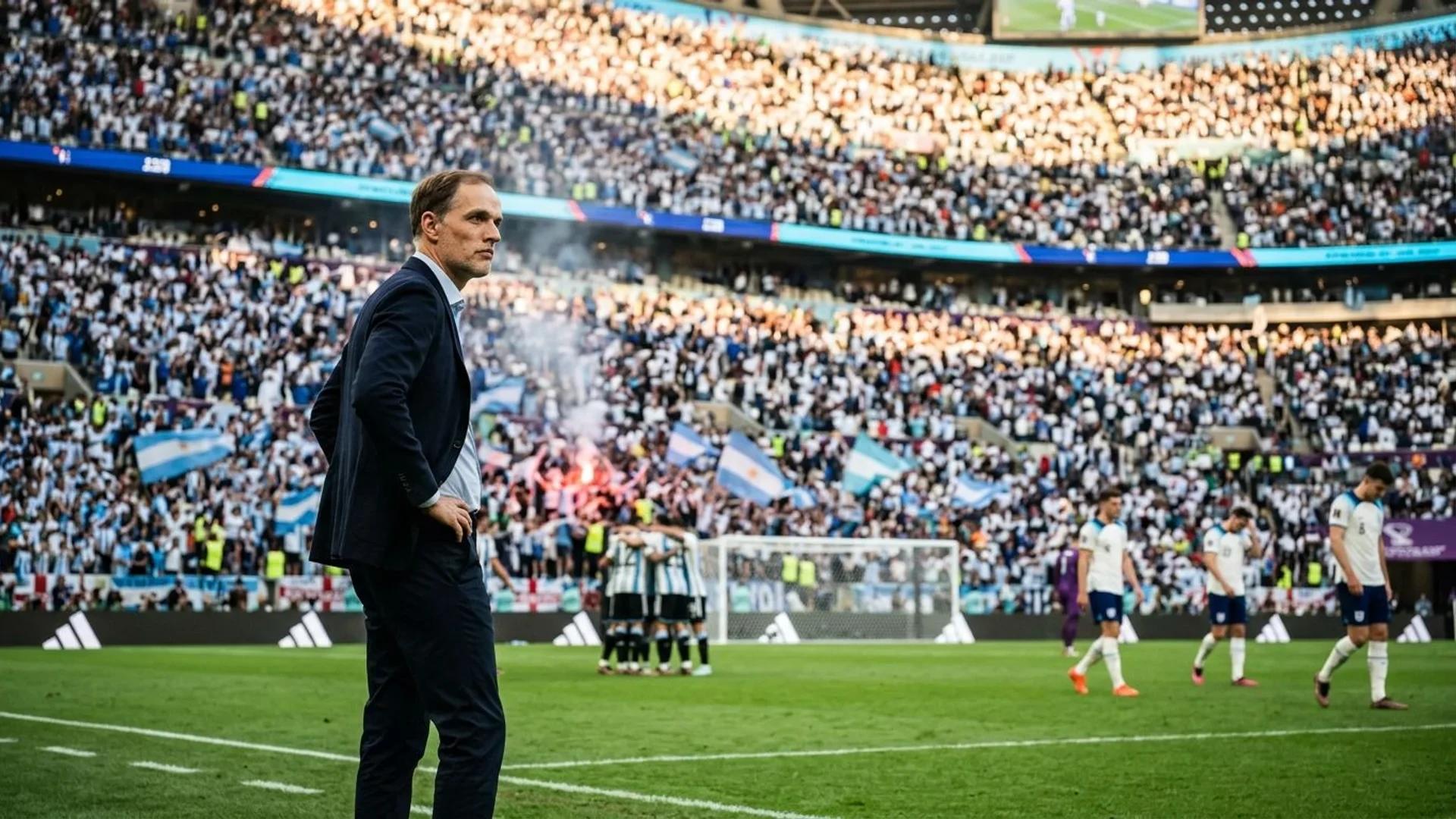 Thomas Tuchel standing thoughtfully at the edge of the pitch during the match aftermath.