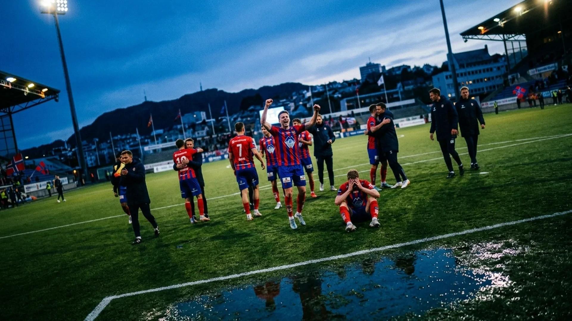 Fotballspillere feirer og viser despondens på Color Line Stadion etter kampen.
