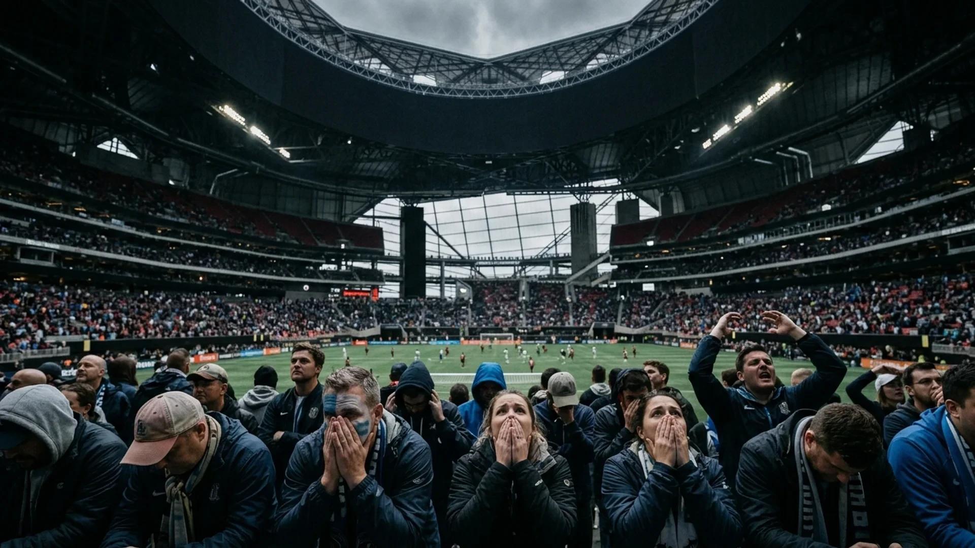 A low-angle shot capturing dejected England fans at a football match, with the stadium towering above.