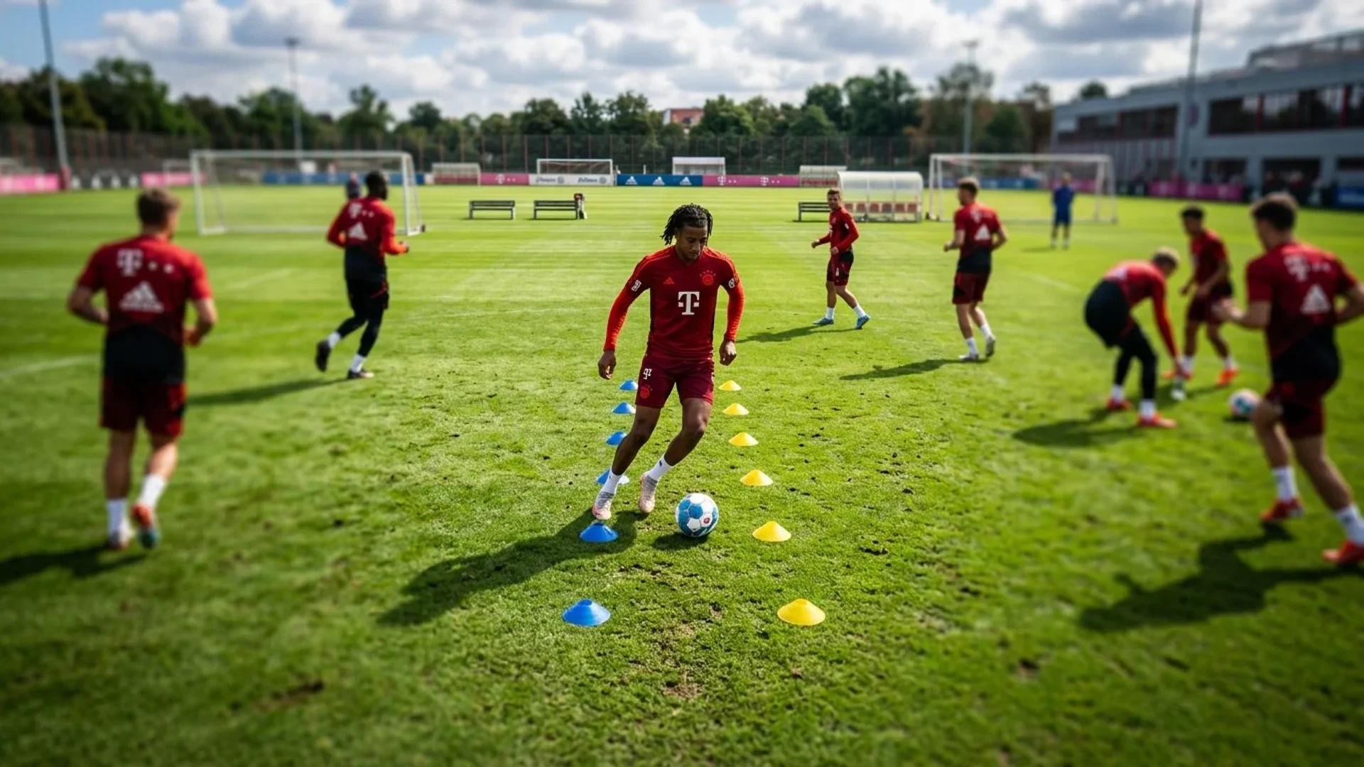 A bird's-eye view of Michael Olise practicing soccer on a training field.