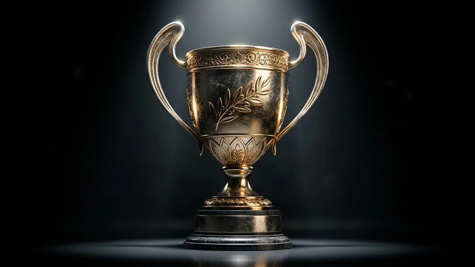 A close-up of a trophy illuminated by a single spotlight against a dark background.