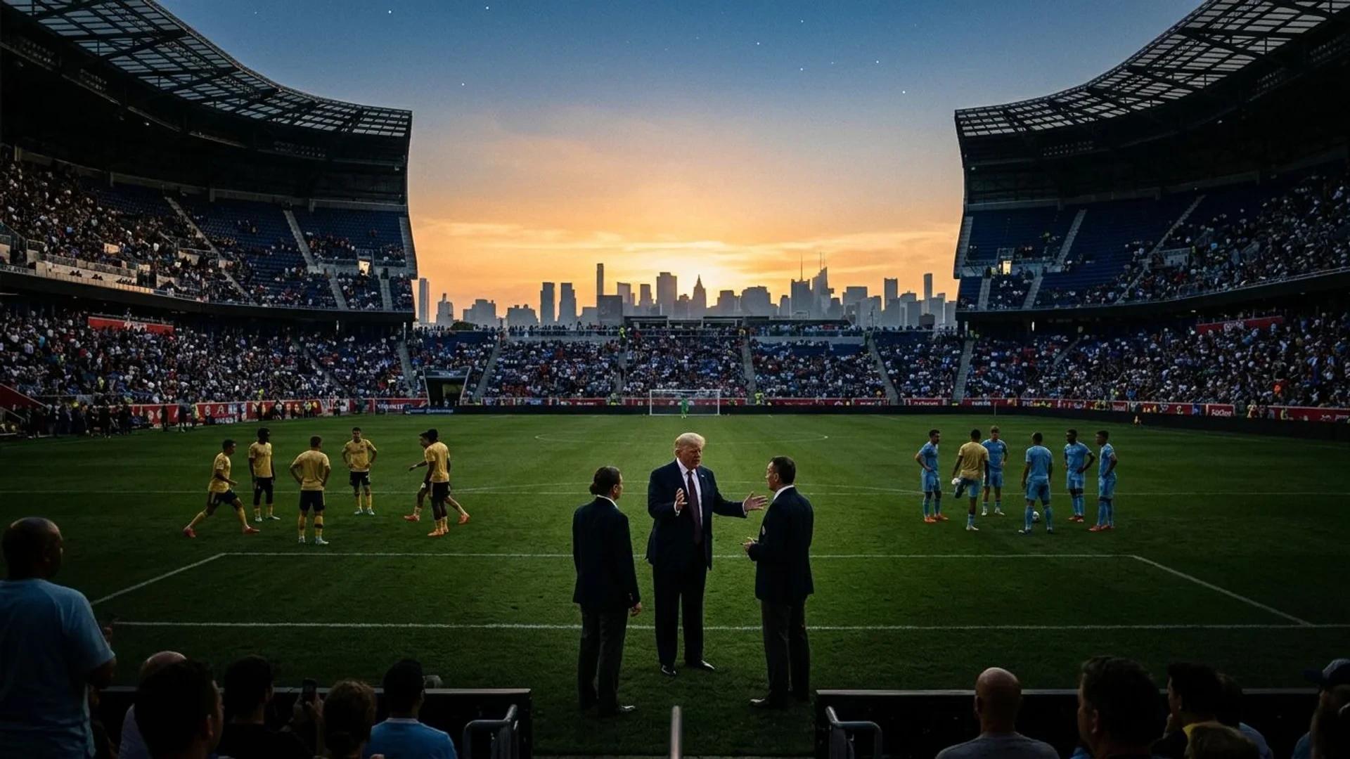 A dramatic scene of MetLife Stadium filled with fans awaiting the FIFA World Cup final, with a focus on Trump interacting with officials.