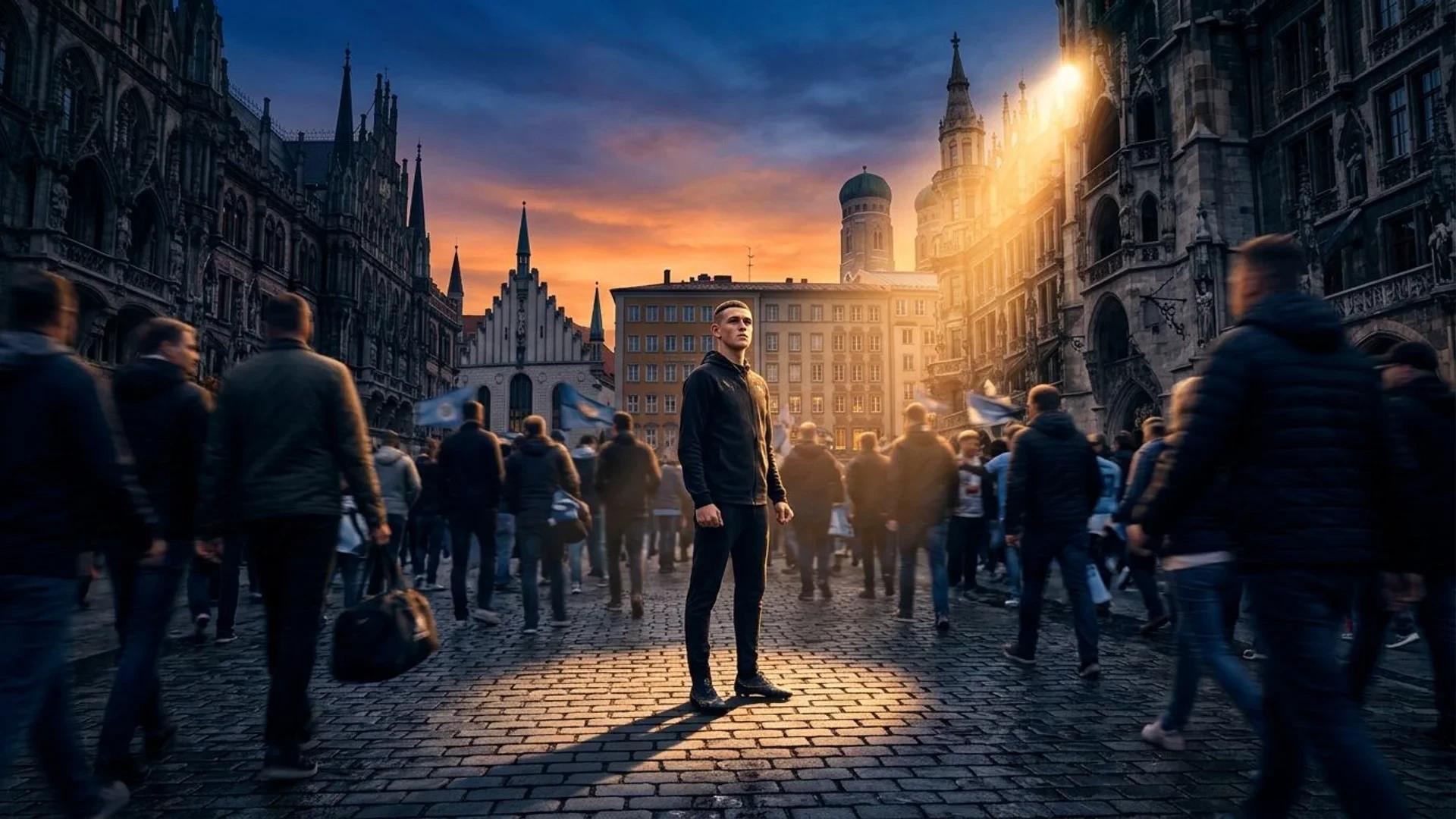 A football player stands under a spotlight in a city square, with blurred fans in the background.